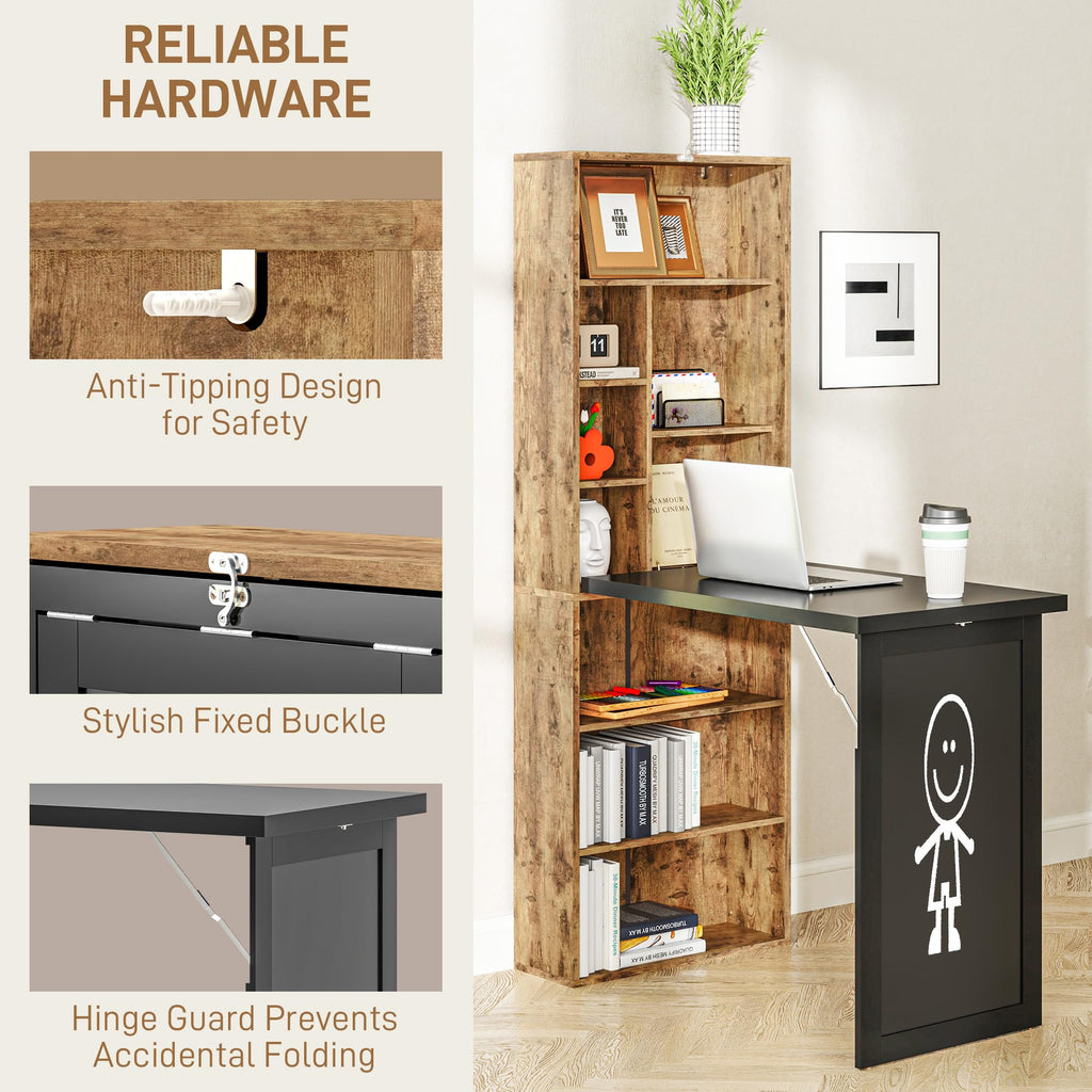 Foldable Convertible Writing Table, Wall Mounted Space-Saving Computer Desk with Chalkboard and Storage Shelves for Small Spaces, Home Office, Bedroom, Dorm, Apartment, Rustic Brown