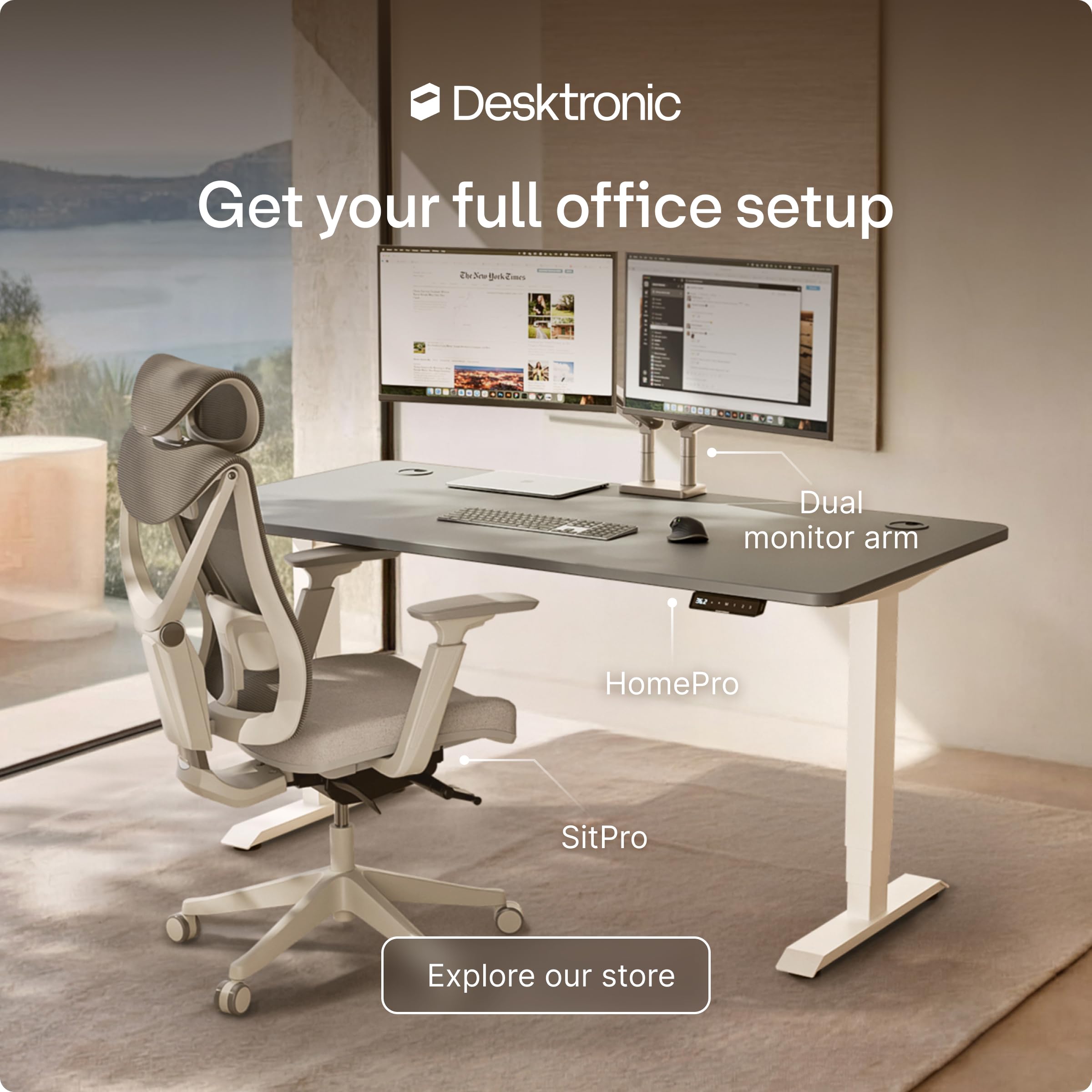 HomePro Standing Desk 70x30 — Made in Europe, Ergonomic Sit Stand Home Office Desk, Electric Height Adjustable, Dual Motor, USB & USB-C Charging, Wobble-Free, Touchscreen, 3 Memory Presets