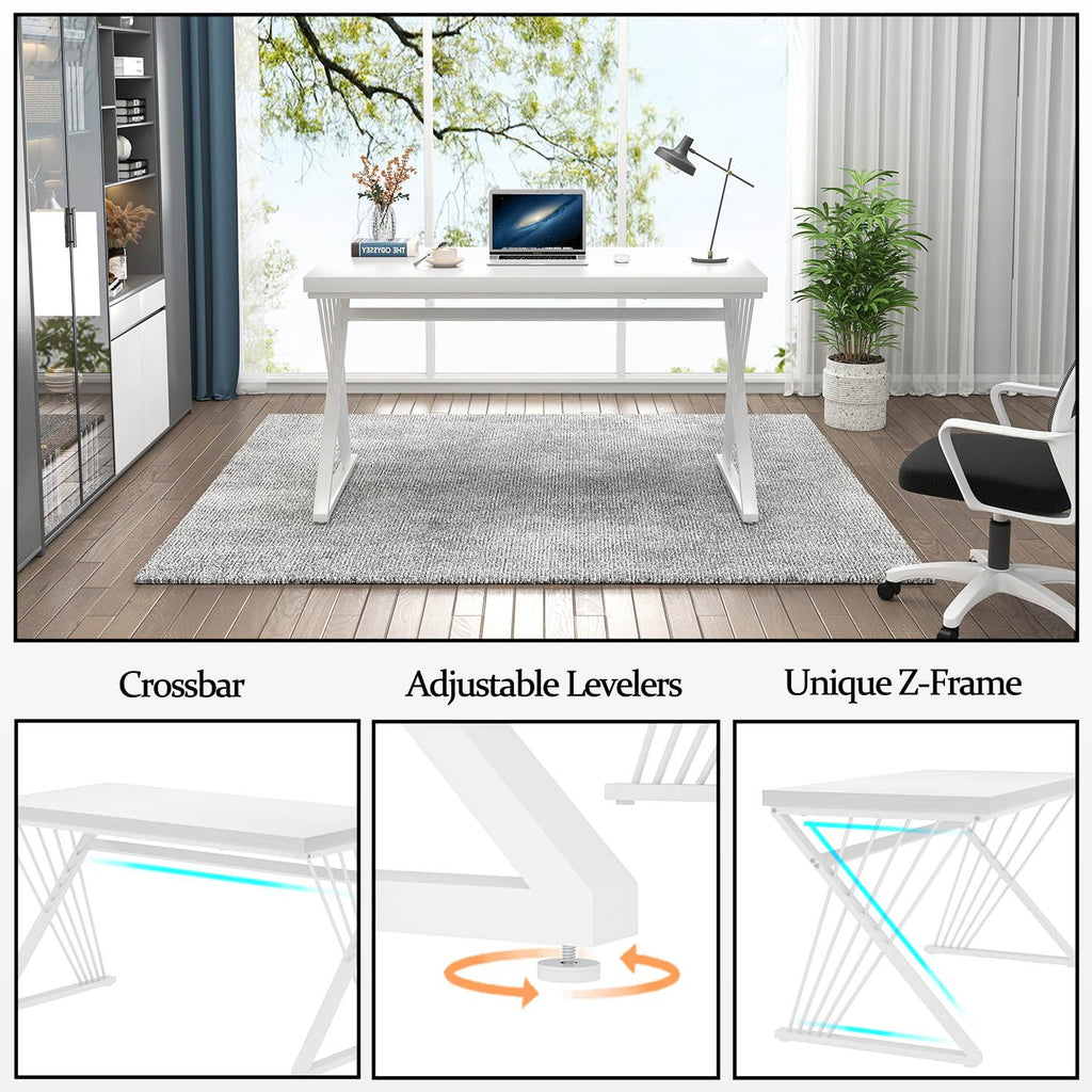 White Desk, Modern Wood and Metal Computer Desk for Home Office, Simple Writing Work PC Desks for Bedroom, Industrial Study Gaming Table for Living Room, White, 47 Inch