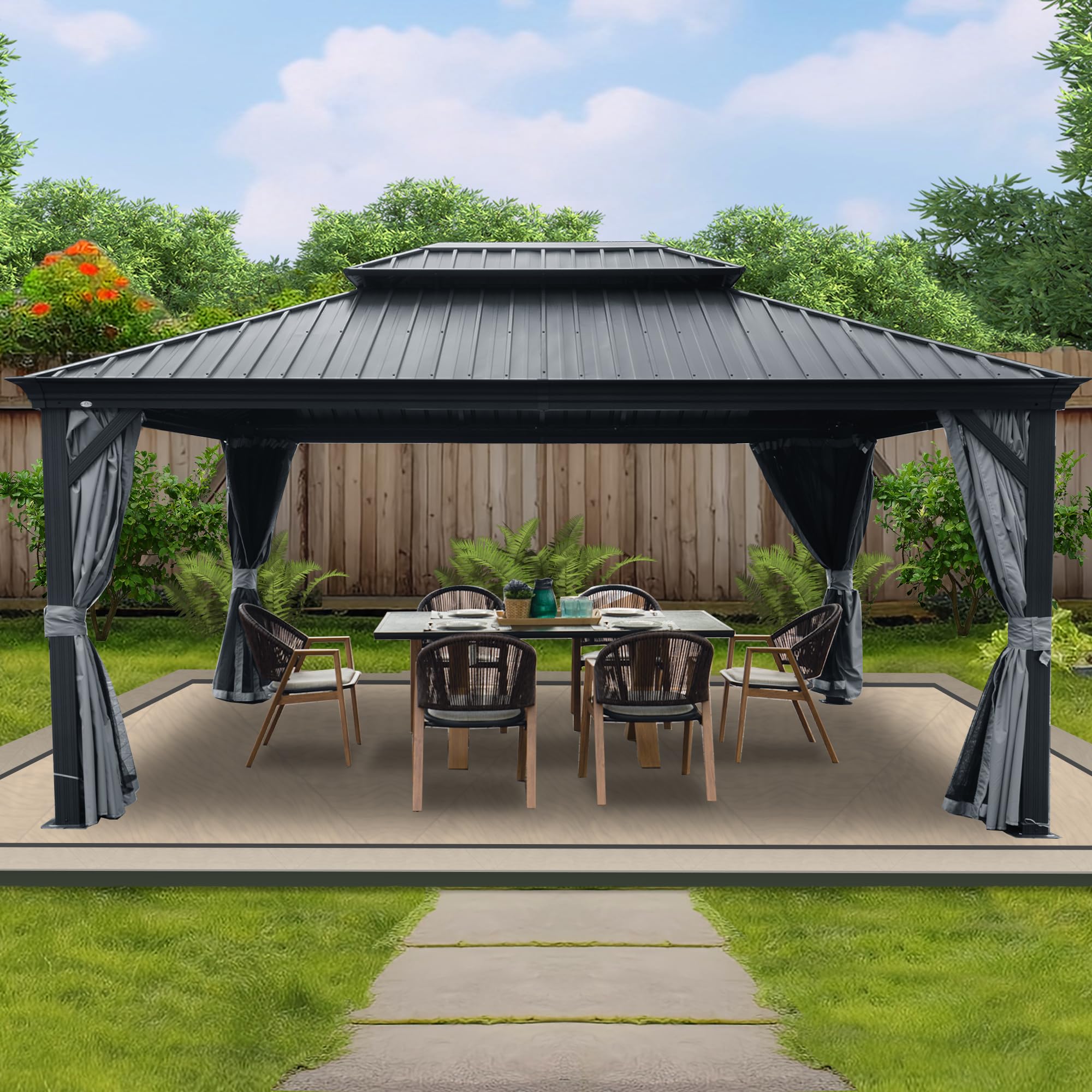 12' x 16' Hardtop Gazebo, Aluminum Frame with Galvanized Steel Double Roof, Outdoor Permanent Pavilion with Curtains and Netting for Patio, Backyard, Deck, Lawn (Gray)