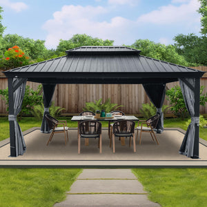 12' x 16' Hardtop Gazebo, Aluminum Frame with Galvanized Steel Double Roof, Outdoor Permanent Pavilion with Curtains and Netting for Patio, Backyard, Deck, Lawn (Gray)
