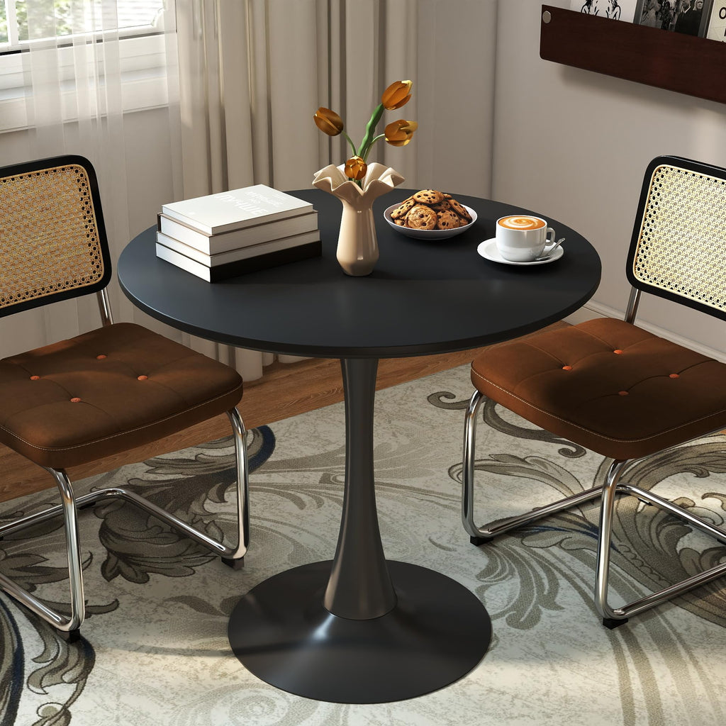 Black Round Dining Table, 31.5" Circle Tulip Table Kitchen Round Dining Table for 2-4 People with Thickened Top and Metal Pedestal, Mid-Century Leisure Table for Home, Dining Room, Cafe