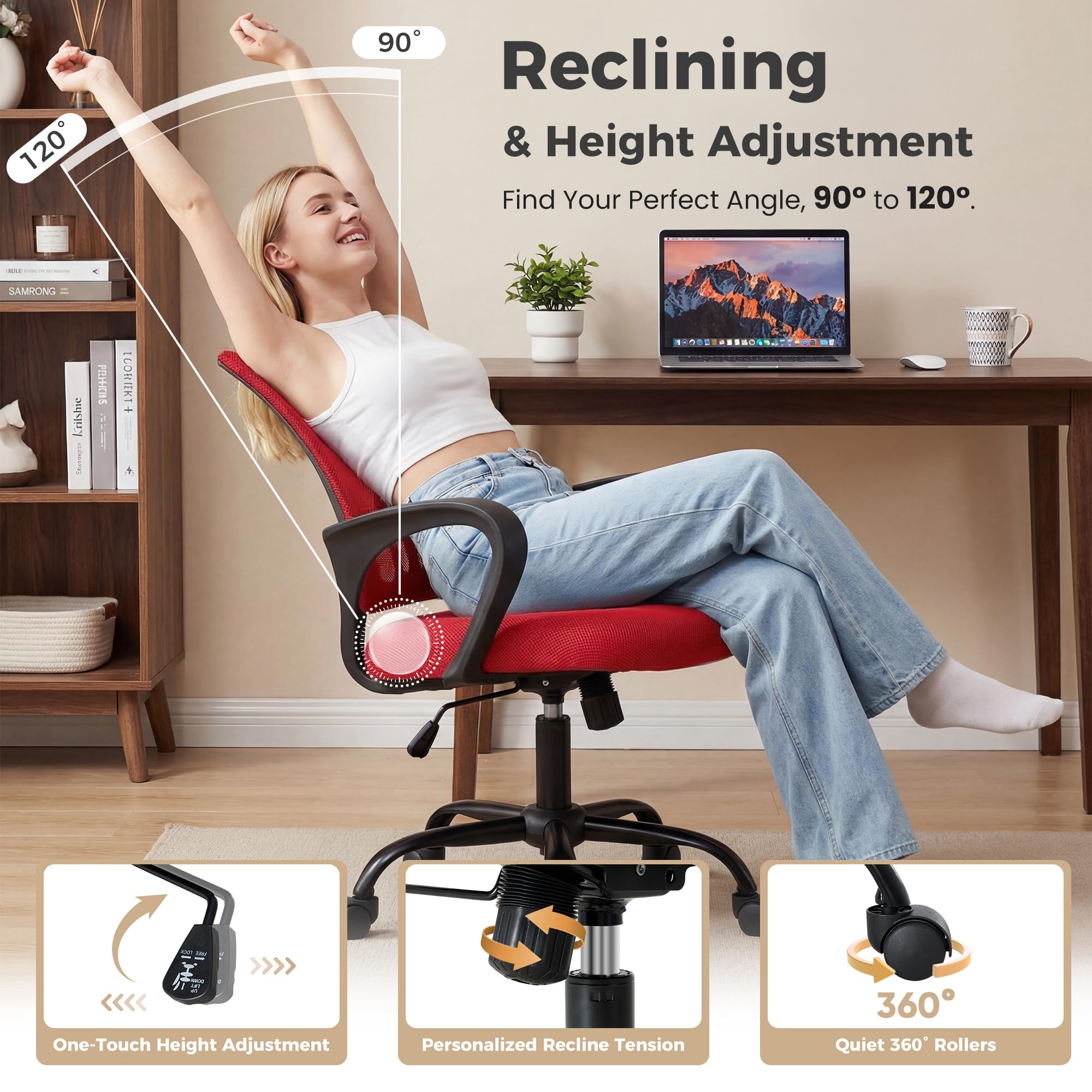 2 Pack, Office Desk Chair - Ergonomic Mid Back with Lumbar Support & Rocking Mode, Height Adjustable with Fixed Armrest, for Home, Computer, Gaming, Conference, Meeting Room, 360° Swivel, Red,