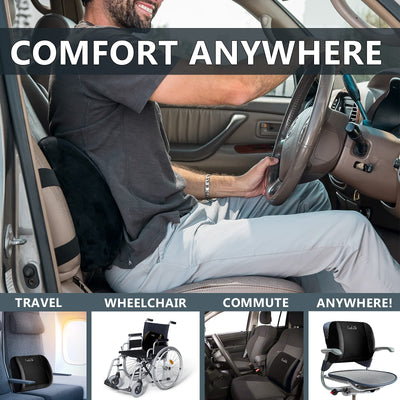 Lumbar Support Back Pillow Office Chair and Car Seat Cushion - Memory Foam with Adjustable Strap and Breathable 3D Mesh (Black)