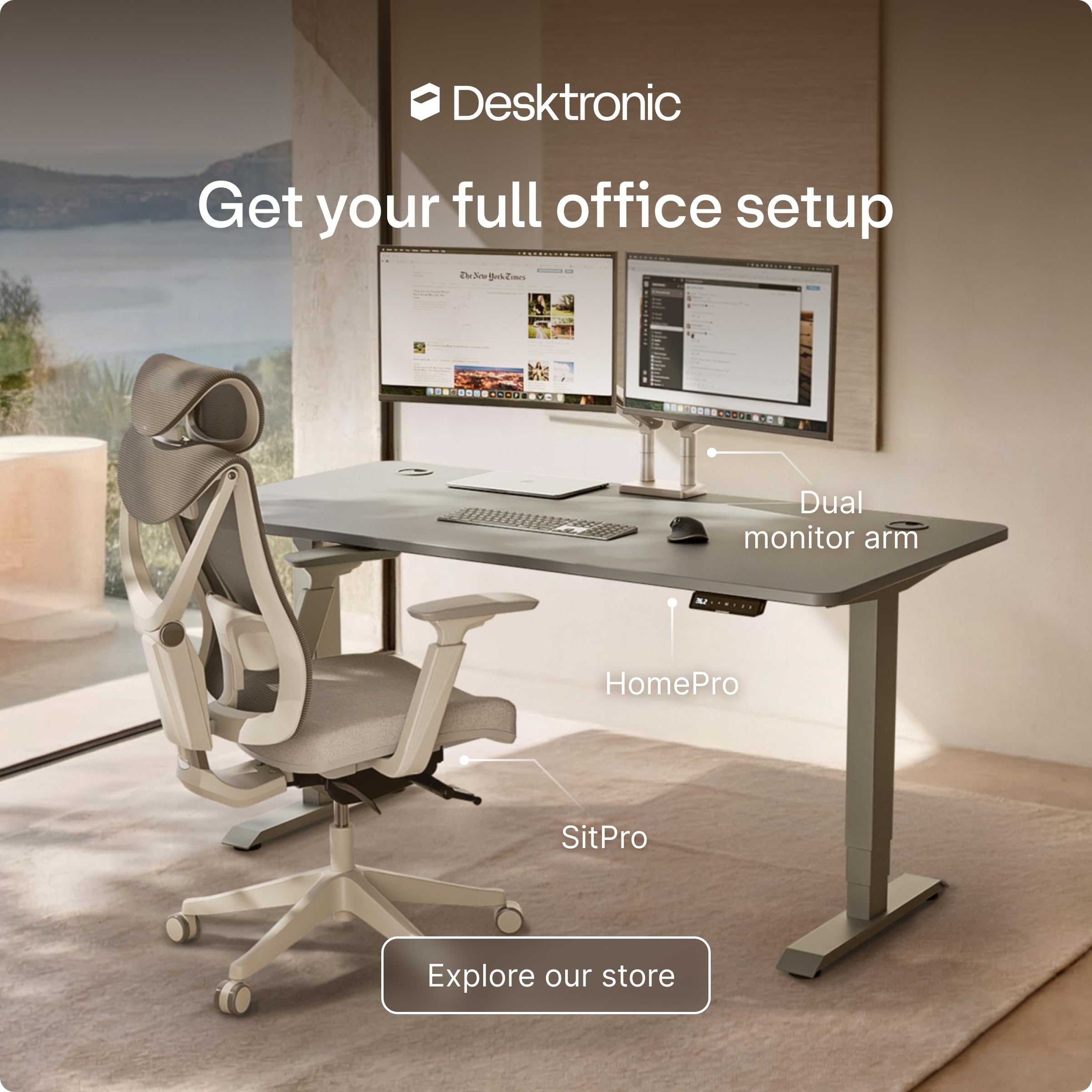 HomePro Standing Desk 70x30 — Made in Europe, Ergonomic Sit Stand Home Office Desk, Electric Height Adjustable, Dual Motor, USB & USB-C Charging, Wobble-Free, Touchscreen, 3 Memory Presets