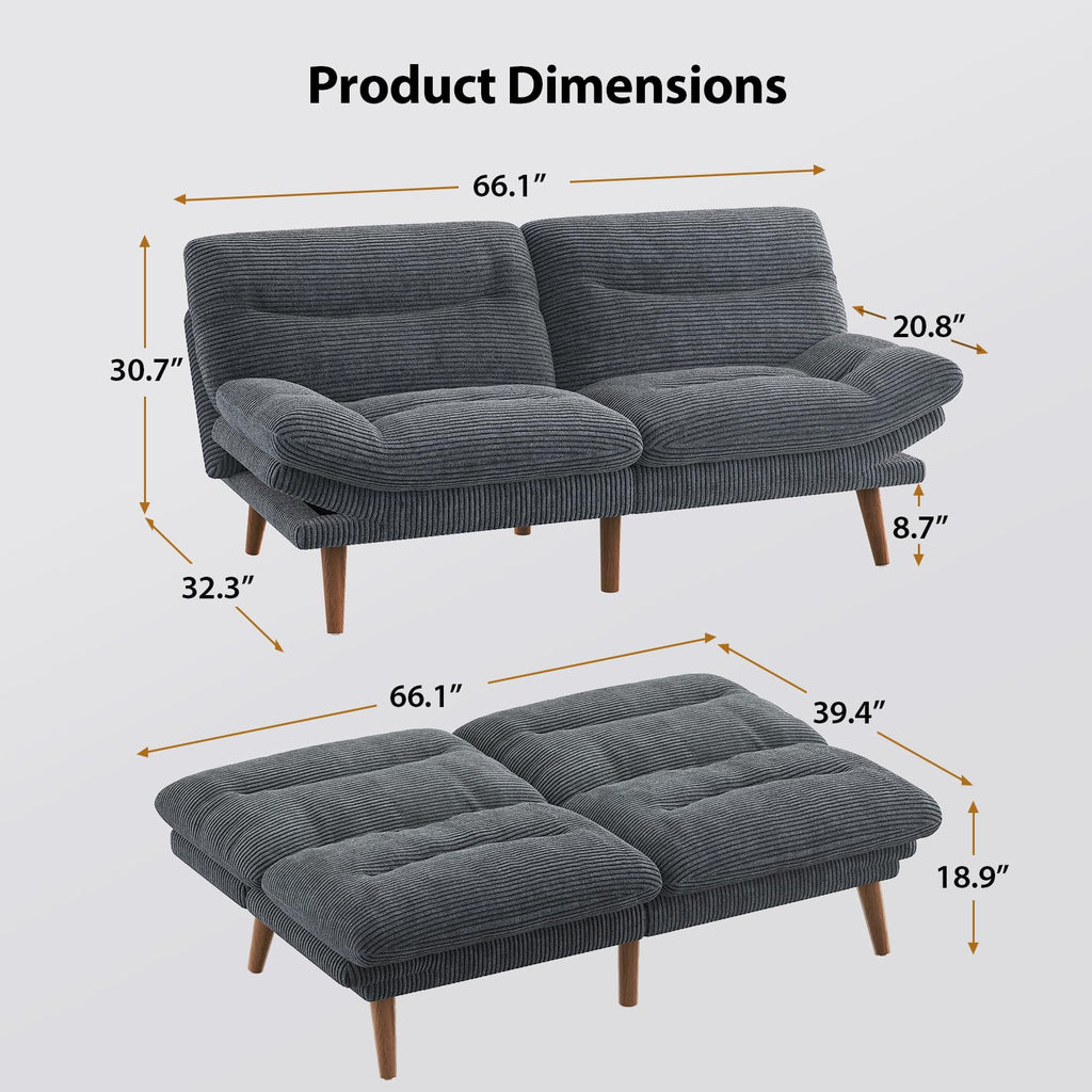 Sofa Bed, 66 Inch Corduroy Futon Couch Convertible with Adjustable Backrest and Armrests, Recliner Sleeper Sofa for Small Spaces, Living Room, Office, Guest Room (Grey, 66 Inch)