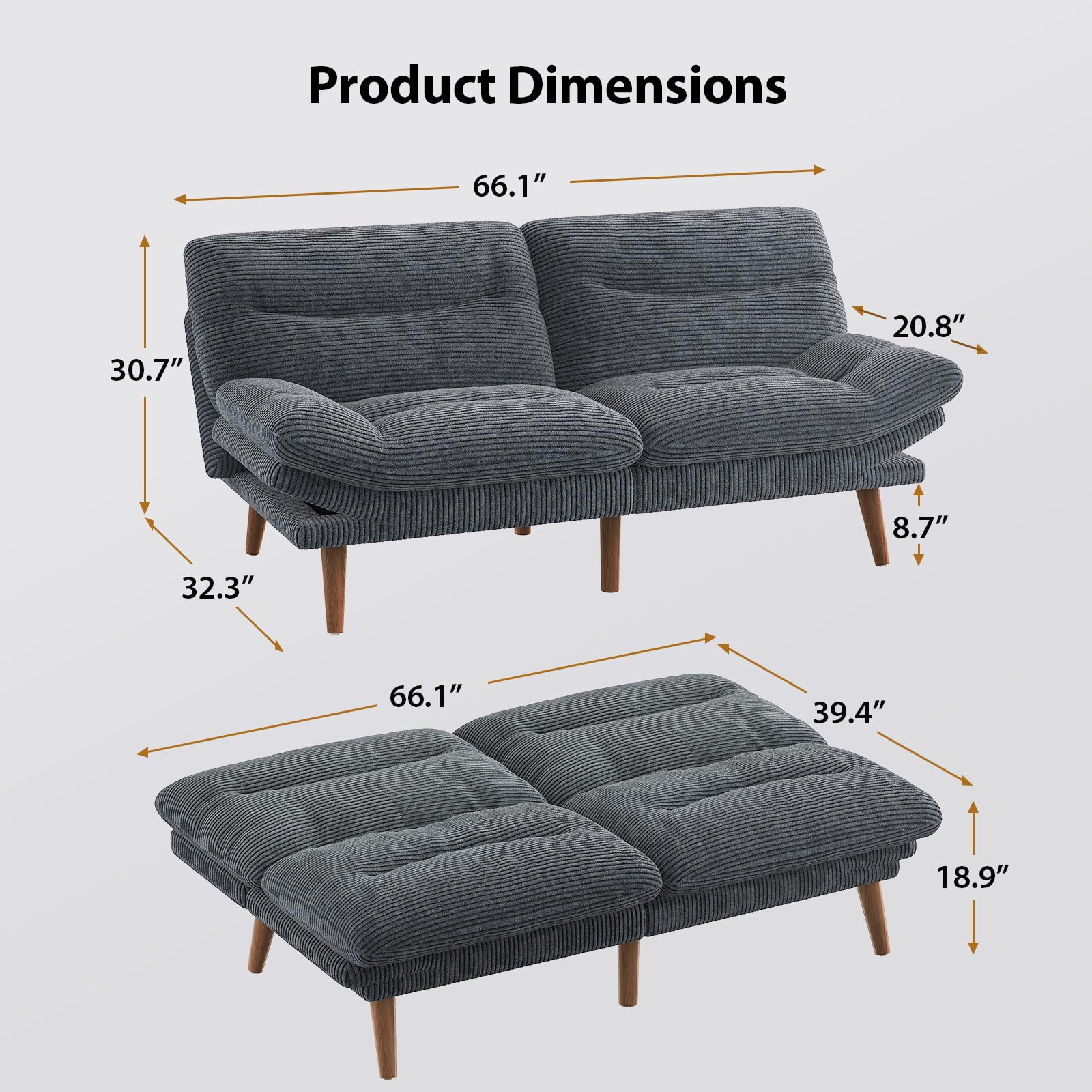 Sofa Bed, 66 Inch Corduroy Futon Couch Convertible with Adjustable Backrest and Armrests, Recliner Sleeper Sofa for Small Spaces, Living Room, Office, Guest Room (Grey, 66 Inch)