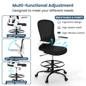 Drafting Chair, Tall Office Chair with Flip-up Armrests Executive Ergonomic Computer Standing Desk Chair, Office Drafting Chair with Lumbar Support and Adjustable Footrest Ring