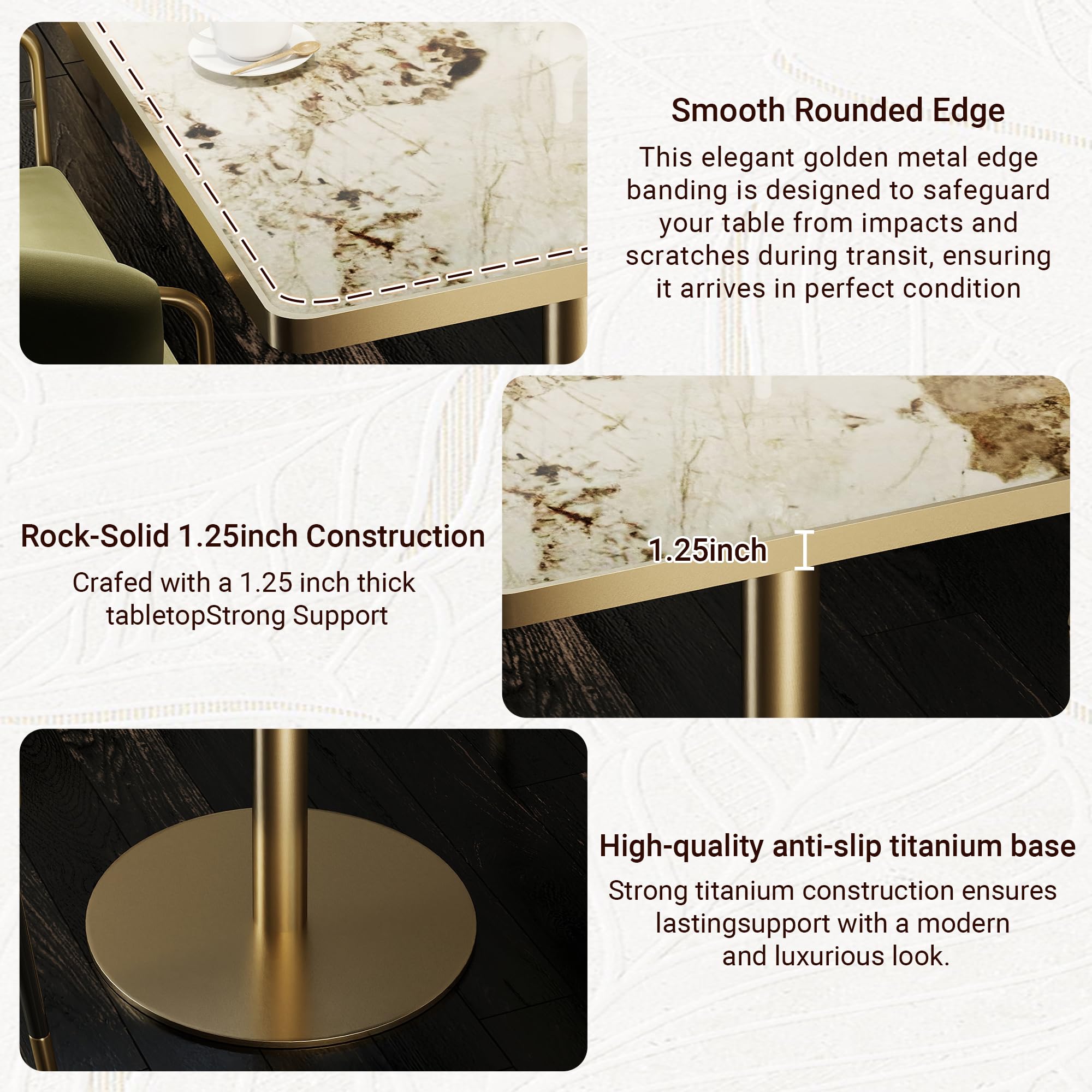 31.5" Tulip Table,Square Kitchen Dining Table for 2-4 with Thick Sintered Stone Top,Titanium Golden Pedestal Base,Heat-Resistant,Bistro Table for Dining Room,Café,Small Space（Cloud Amber）