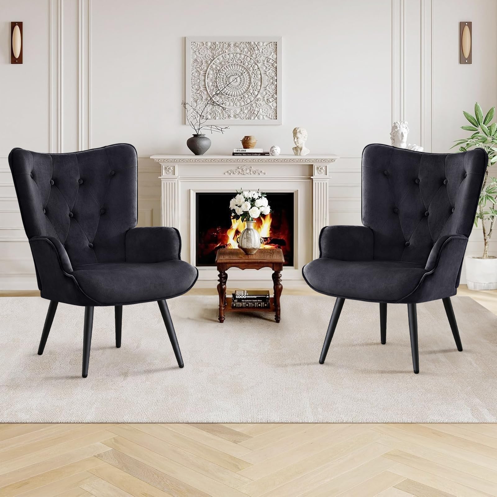 Velvet Accent Chair Modern Upholstered Side Armchair with Tapered Legs Tufted Button Wingback Sofa Chairs Tall Back Reading for Living Room Bedroom Waiting Room, Black