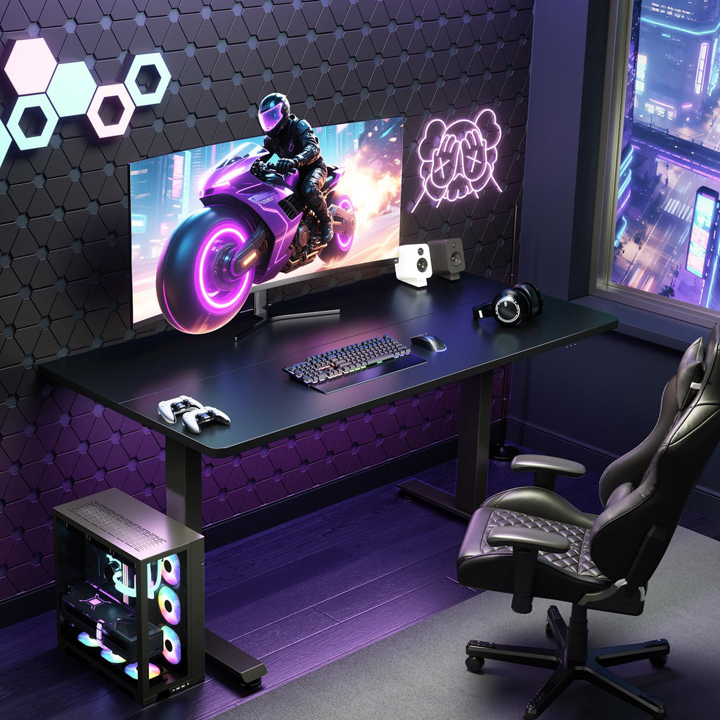 55 Inch Large Electric Standing Gaming Desk, Heights Adjustable,Sit to Stand Up, Work Home Office Computer Table for Study, Walking Pad, Writing, and Games, Wooden Desktop Desks, Black