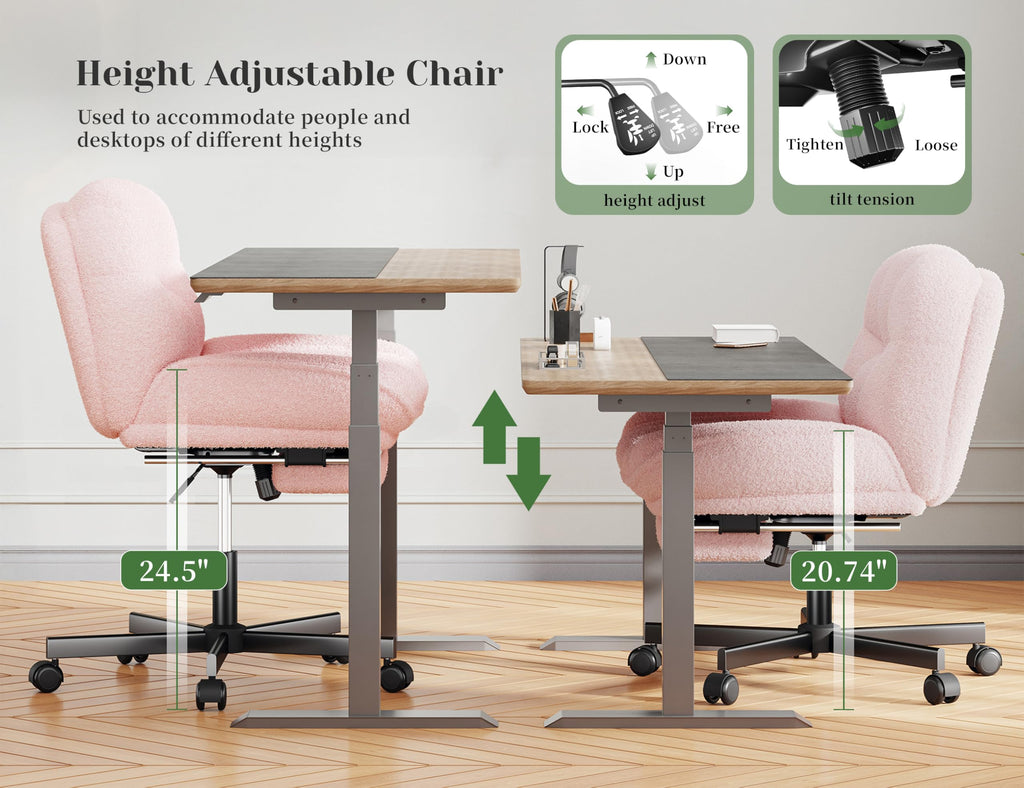 Criss Cross Office Chair with Footrest, 6.3" Thick Cushioned Cross Legged Office Chair with Wheels, Reclining & Height Adjustable, Swivel Armless Vanity Chair for All-Day Comfort (Pink)