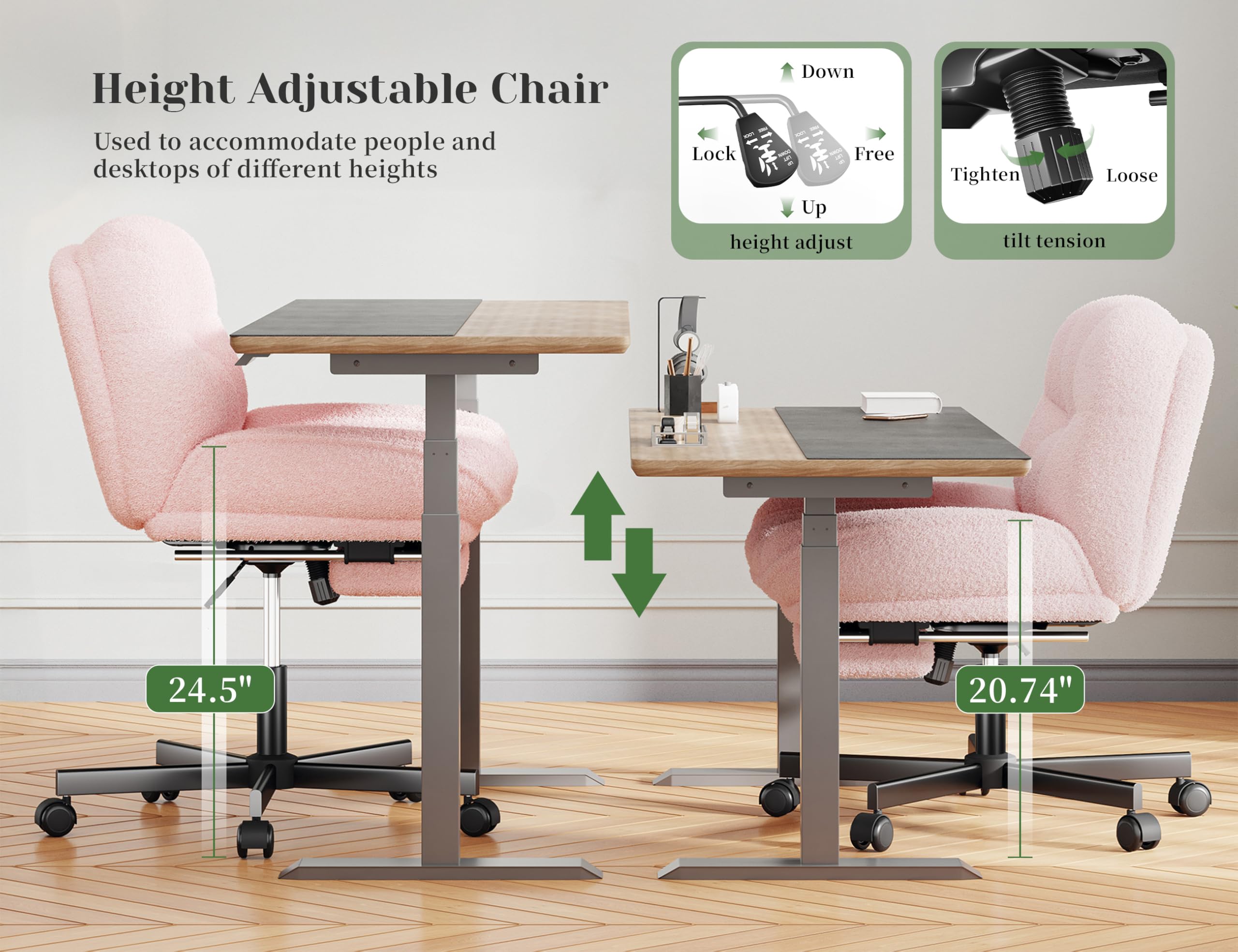 Criss Cross Office Chair with Footrest, 6.3" Thick Cushioned Cross Legged Office Chair with Wheels, Reclining & Height Adjustable, Swivel Armless Vanity Chair for All-Day Comfort (Pink)