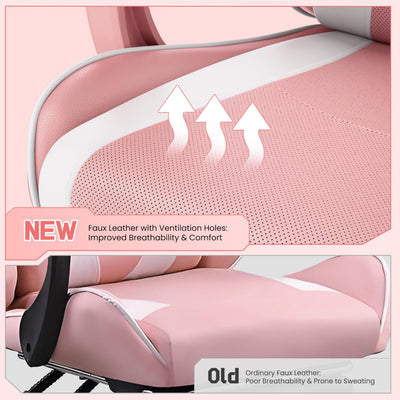 Gaming Chair, Video Game Chair with Massage Lumbar Support and Footrest Height Adjustable Ergonomic Computer Chair with Swivel Seat and Headrest, Pink/White