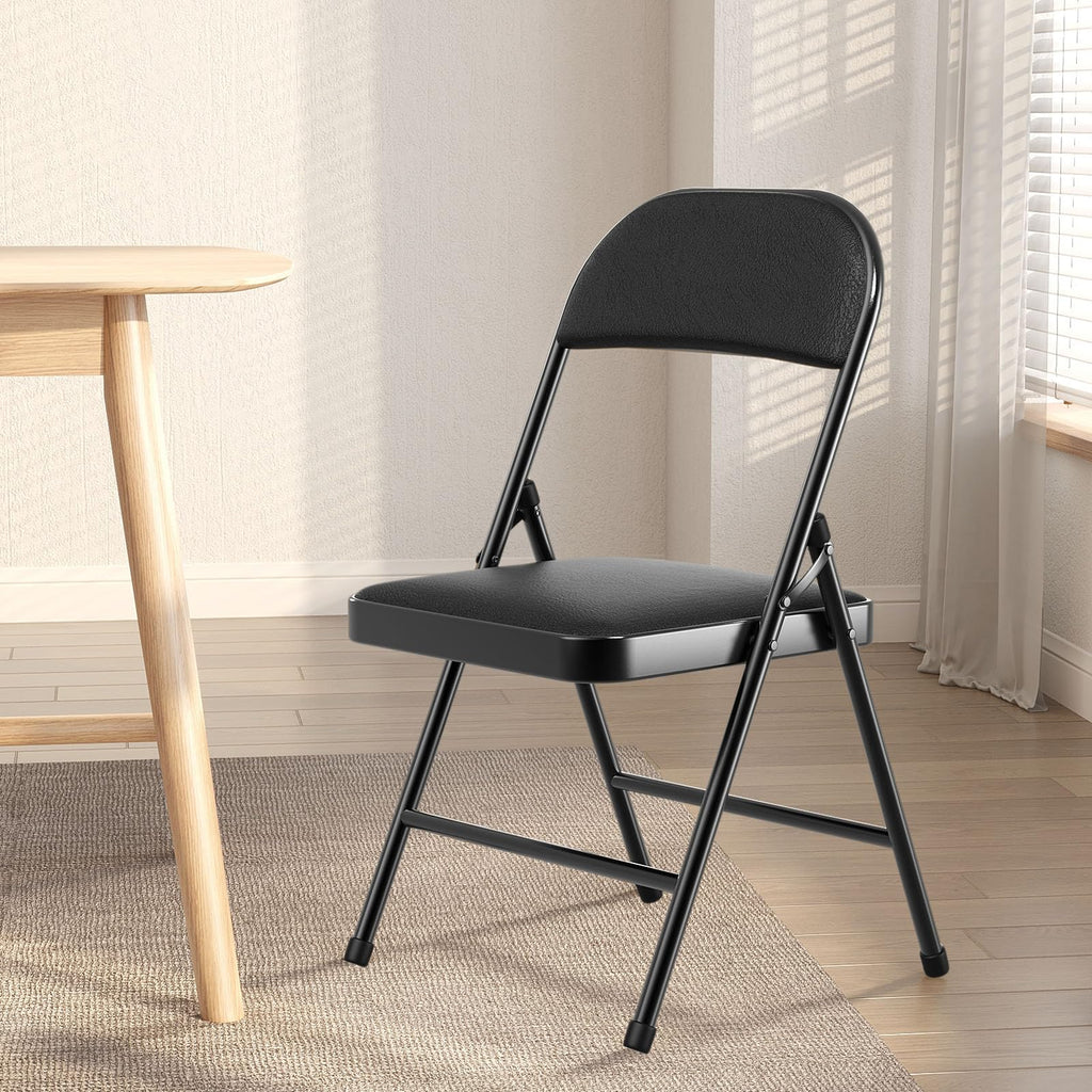 4 Pack Folding Chairs with Padded Vinyl Cushion Chairs with Comfortable Cushion and Durable Steel Frame for Home and Office, for Indoor and Outdoor Events (Black, Vinyl)