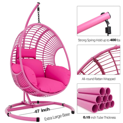 Oversized Hanging Egg Chair Outdoor Indoor, Wicker Swing Egg Chair with Stand 400lbs Capacity for Bedroom, Patio, Garden and Balcony (Pink-Regular, Oversize)
