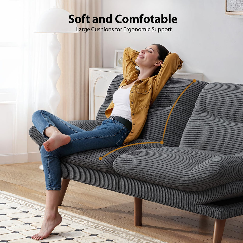 Sofa Bed, 66 Inch Corduroy Futon Couch Convertible with Adjustable Backrest and Armrests, Recliner Sleeper Sofa for Small Spaces, Living Room, Office, Guest Room (Grey, 66 Inch)