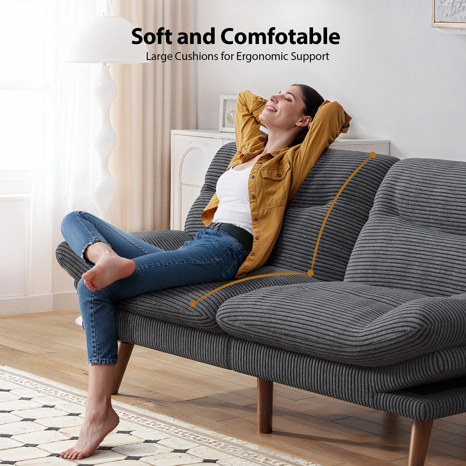 Sofa Bed, 66 Inch Corduroy Futon Couch Convertible with Adjustable Backrest and Armrests, Recliner Sleeper Sofa for Small Spaces, Living Room, Office, Guest Room (Grey, 66 Inch)