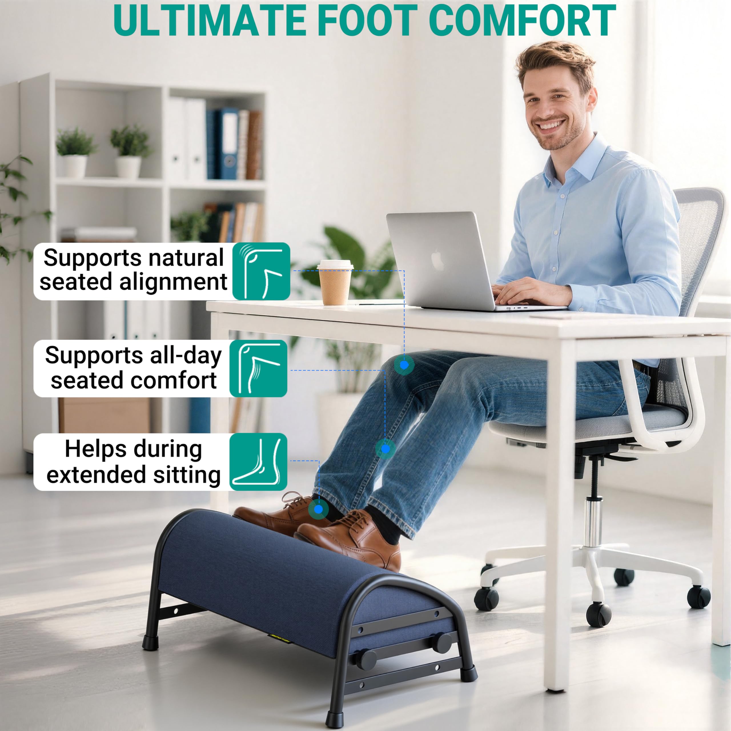 Adjustable Foot Rest for Under Desk at Work, Ergonomic Foot Stools with 7 Positions, Elevated Cushion Under Desk Footrest with Metal Frame, Leg Rest Used for Home, Car, PC Gaming Accessories