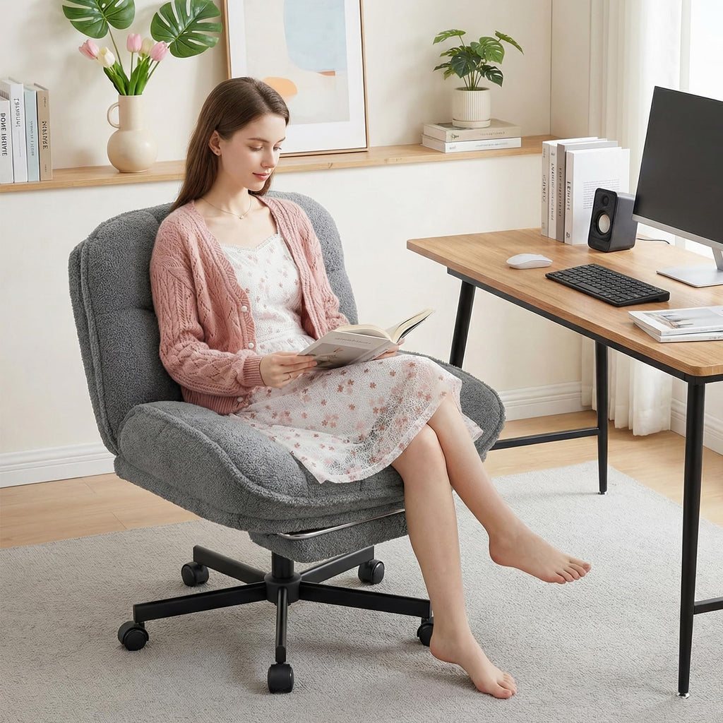 Criss Cross Office Chair with Foot Rest, 26.77" Wide Cross Legged Office Chair with 7" Thick Backrest, Height Adjustable & 360°Swivel, Desk Chair for All-Day Comfort (Misty Gray)