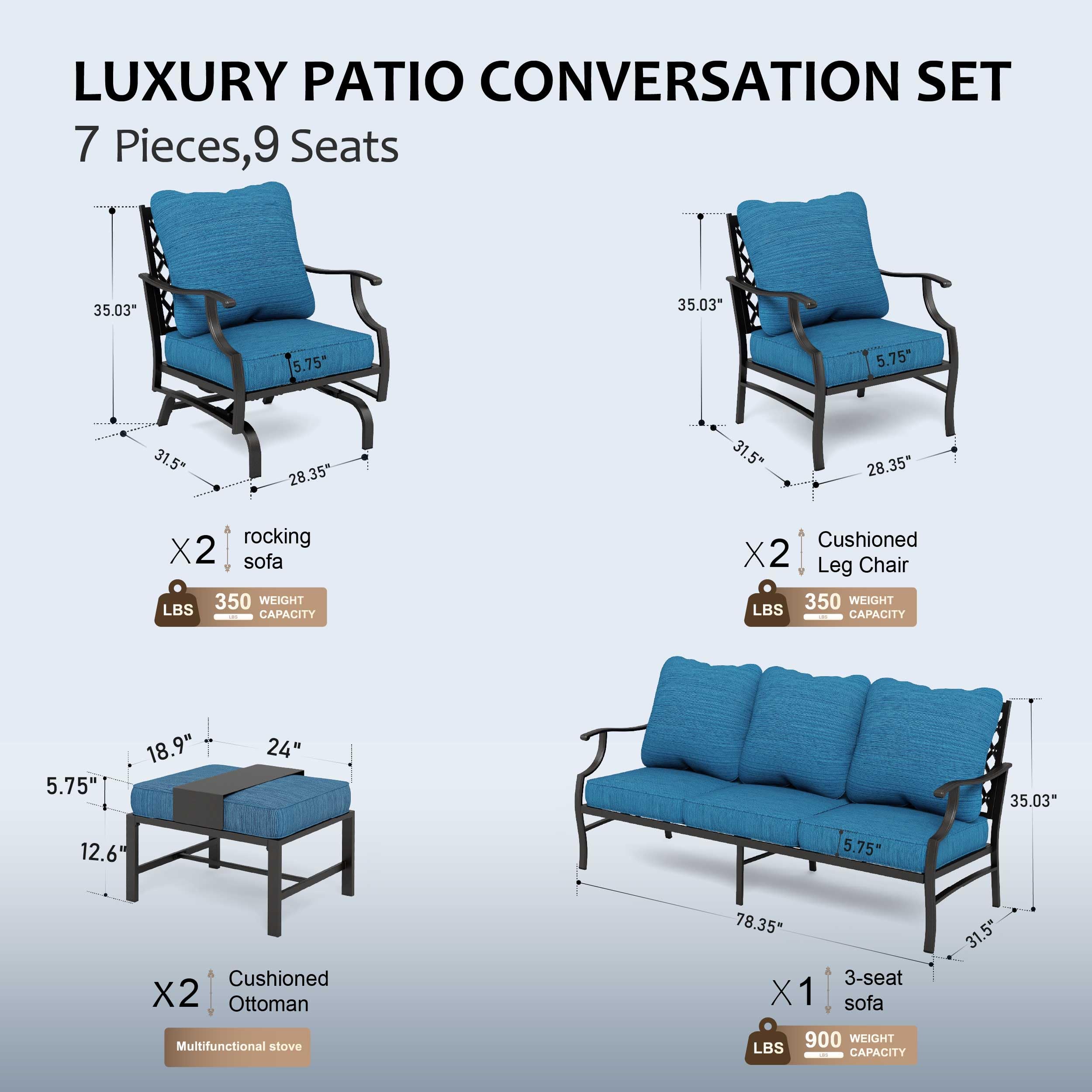 7 Piece Patio Furniture Set, 2 x Rocking Chair, 2 x Fixed Chair, 2 x Ottoman, 1 x 3-Seat Sofa, All Cushioned 9 Seats Metal Outdoor Conversation Set for Lawn Garden Backyard