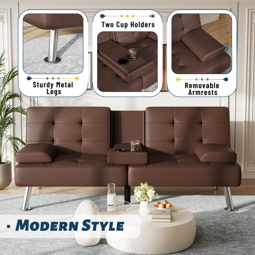 Sofa Bed Adjustable Futon Couch Sleeper Sofa Bed for Living Room, Business Office, Recliner Sofas with Cup Holders (PU Leather, Brown)