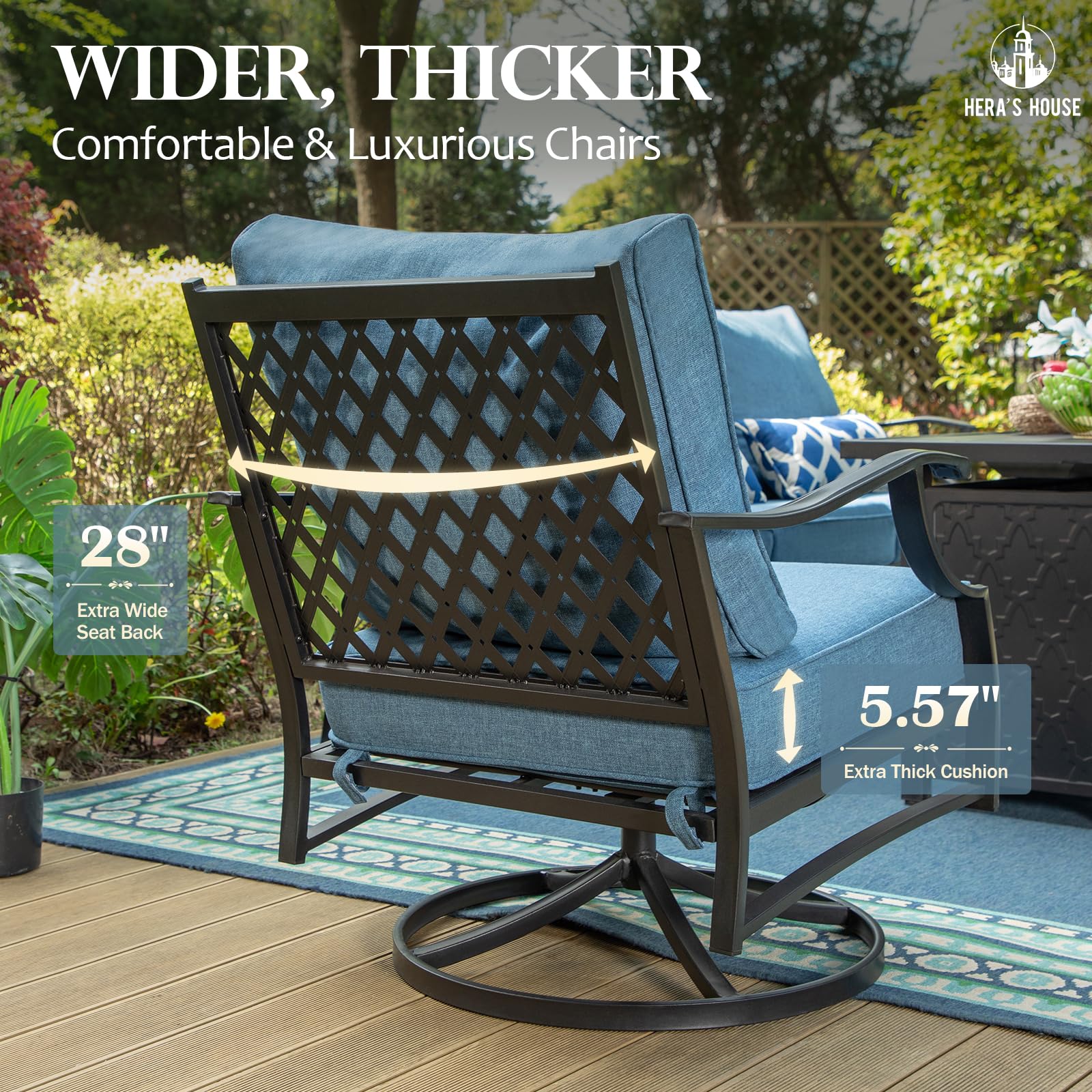 5 Piece Patio Furniture Set, 2 x Swivel Chair, 2 x Ottoman, 1 x 3-Seat Sofa, All Cushioned 7 Seats Metal Outdoor Conversation Set for Lawn Garden Backyard