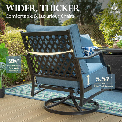 5 Piece Patio Furniture Set, 2 x Swivel Chair, 2 x Ottoman, 1 x 3-Seat Sofa, All Cushioned 7 Seats Metal Outdoor Conversation Set for Lawn Garden Backyard