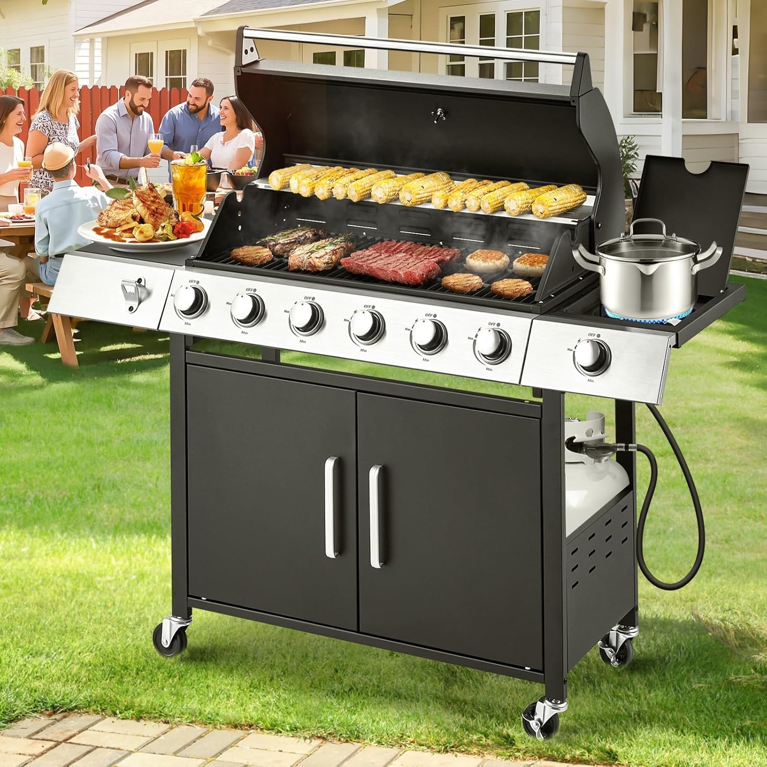 Upgraded 60,000 BTU Stainless Steel Burner Barbecue Grill, 6 Burner BBQ Propane Gas Grill with Side Stove & Cast Iron Grates for Patio, Camping, Outdoor Cooking