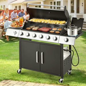 Upgraded 60,000 BTU Stainless Steel Burner Barbecue Grill, 6 Burner BBQ Propane Gas Grill with Side Stove & Cast Iron Grates for Patio, Camping, Outdoor Cooking