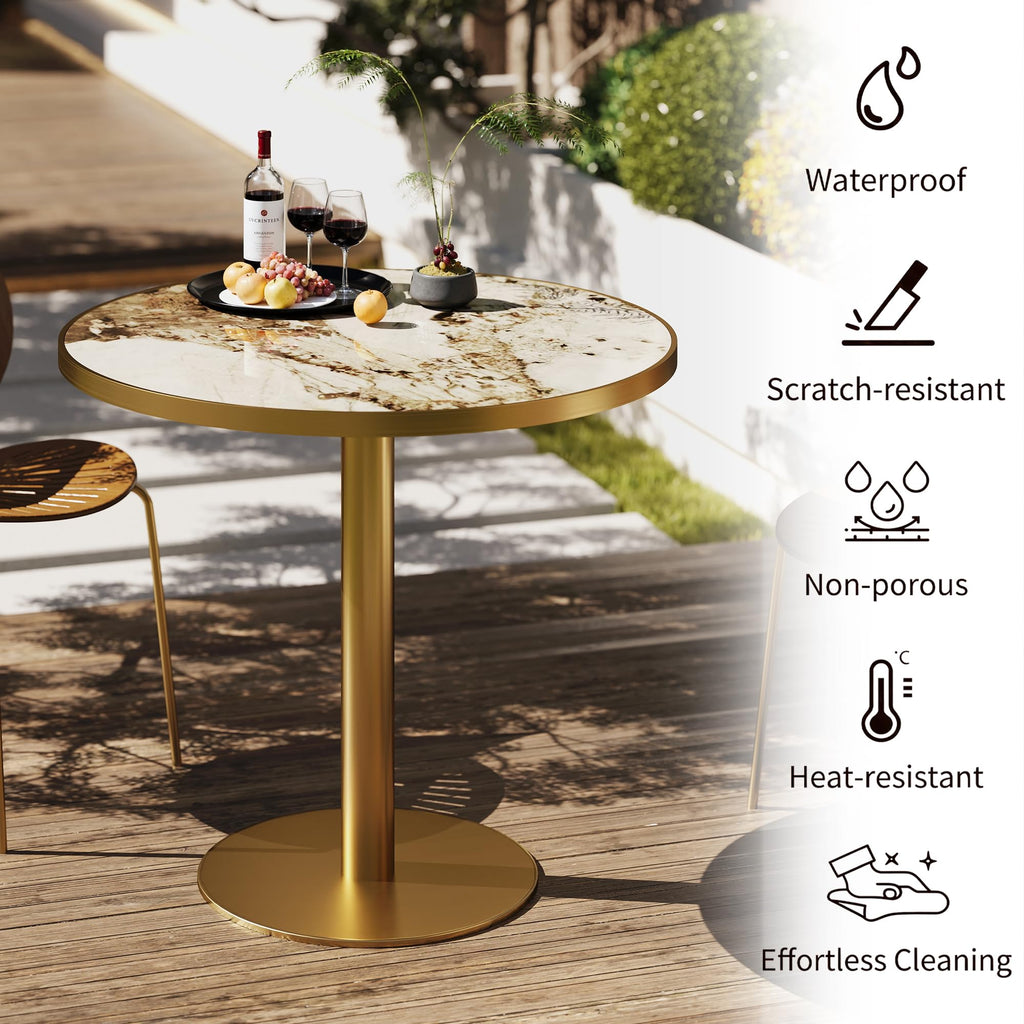 31.5" Tulip Table,Round Kitchen Dining Table for 2-4 with Thick Sintered Stone Top,Titanium Golden Pedestal Base,Heat-Resistant,Bistro Table for Dining Room,Café,Small Space（Cloud Amber）