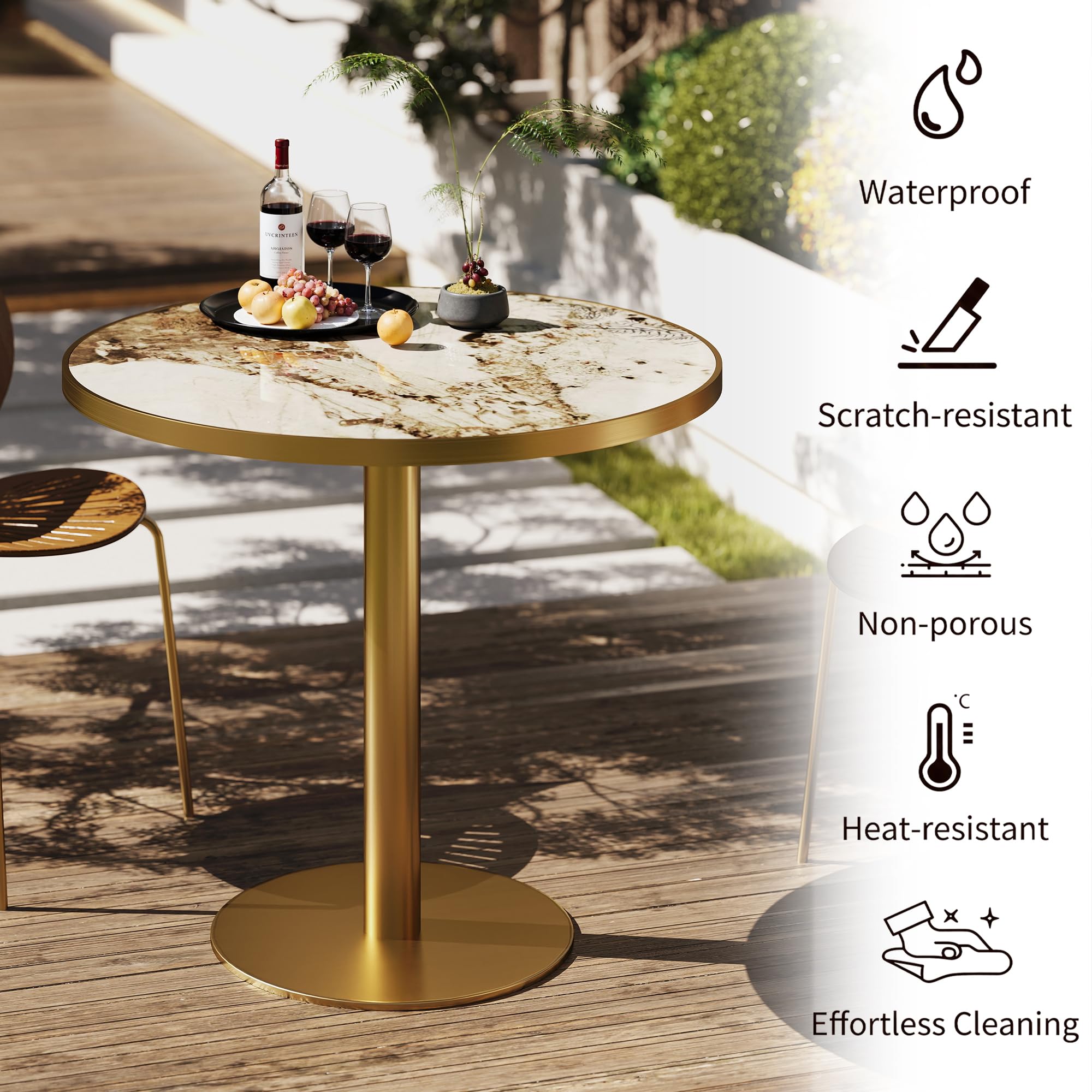 31.5" Tulip Table,Round Kitchen Dining Table for 2-4 with Thick Sintered Stone Top,Titanium Golden Pedestal Base,Heat-Resistant,Bistro Table for Dining Room,Café,Small Space（Cloud Amber）
