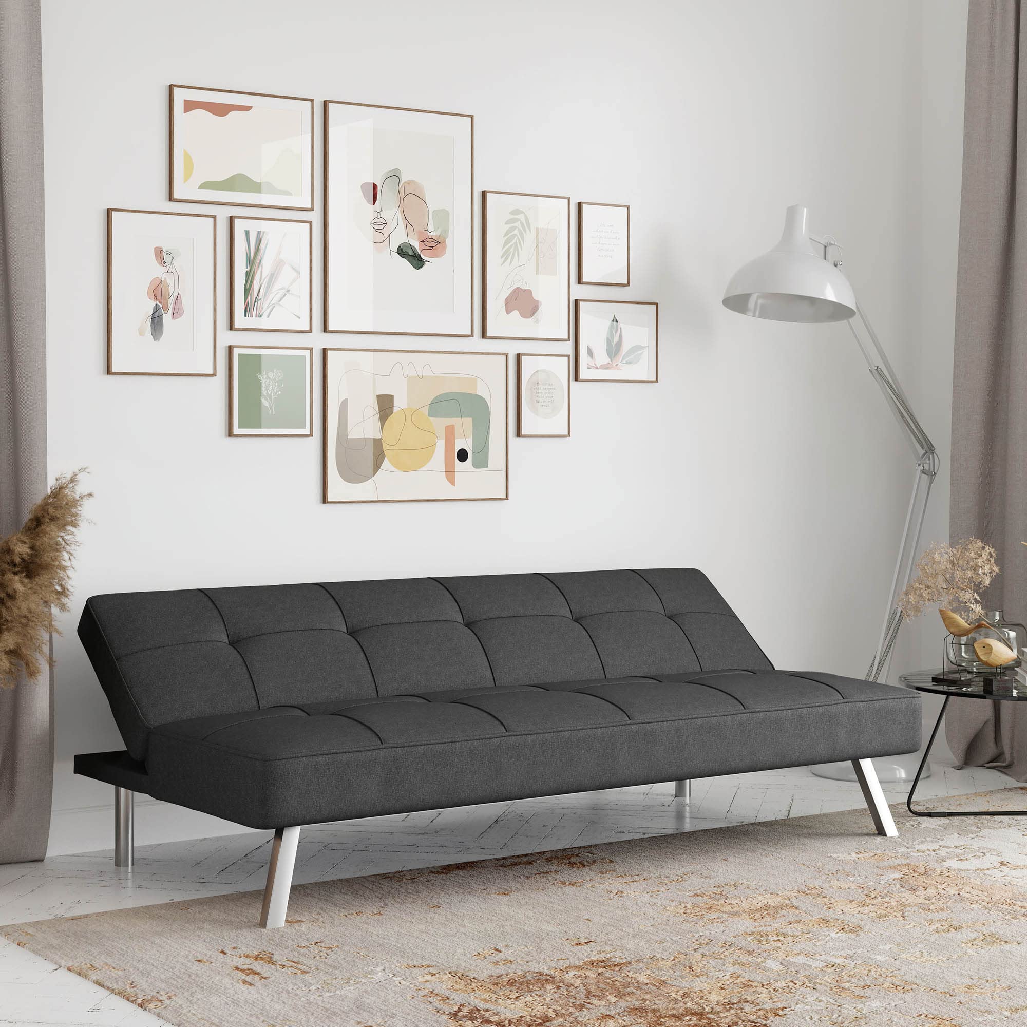 Rane Futon Sofa Bed 66.1", 3-in-1 Convertible Couch Sleeper for Small Spaces, Tufted Back, Twin Size Guest Bed, Chracoal Woven Fabric