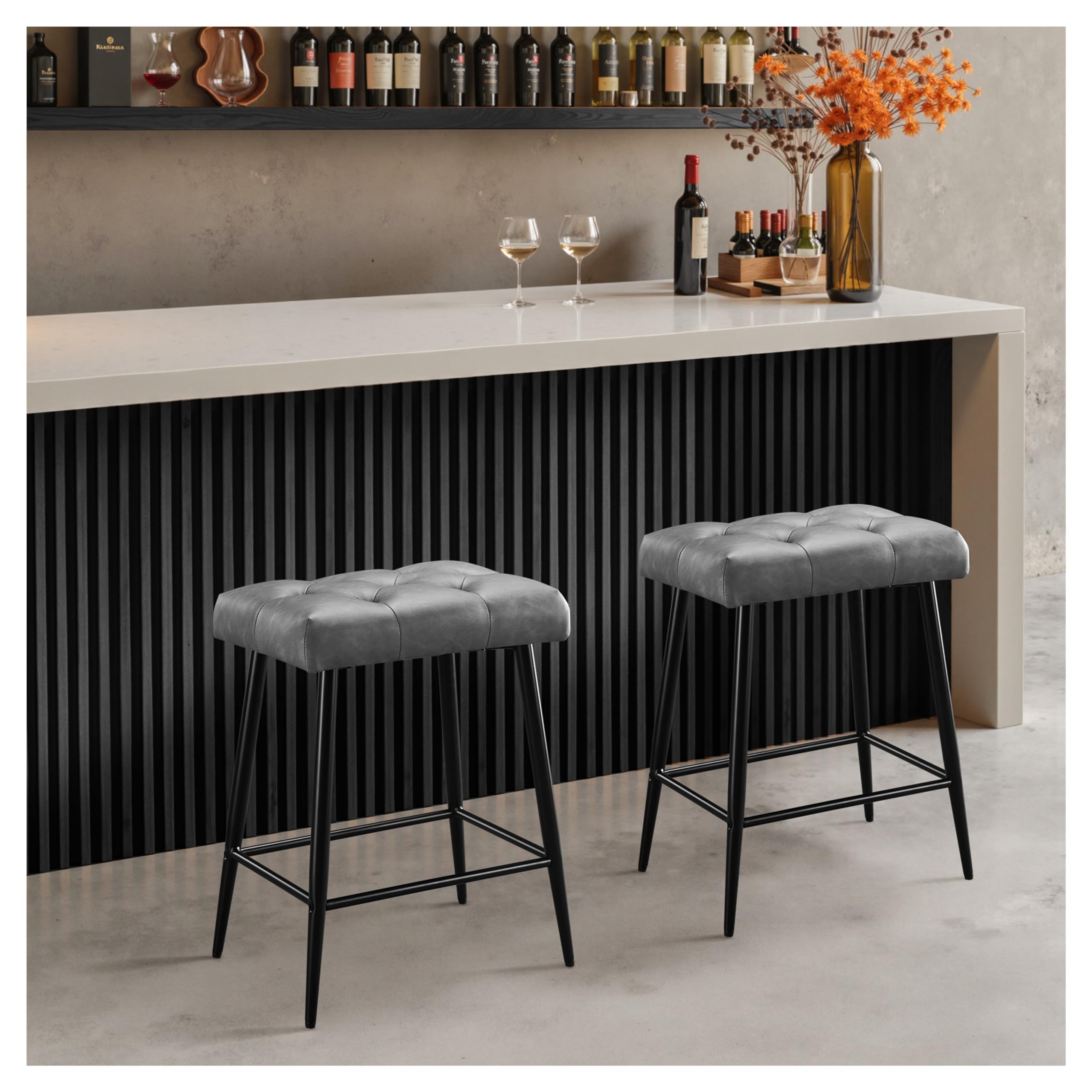 Bar Stools Set of 2, Counter Height Bar Stools for Kitchen Island, 24 Inch Modern Bar Stool for Kitchen Counter, Kitchen Bar Chairs with Footrest and Metal Legs, Grey