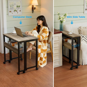 Folding Desk with Wheels, 31.5 Inch Compact Rolling Computer Table with Storage Shelf, Portable Mobile Workstation for Small Spaces, Easy Assembly, Grey Wash