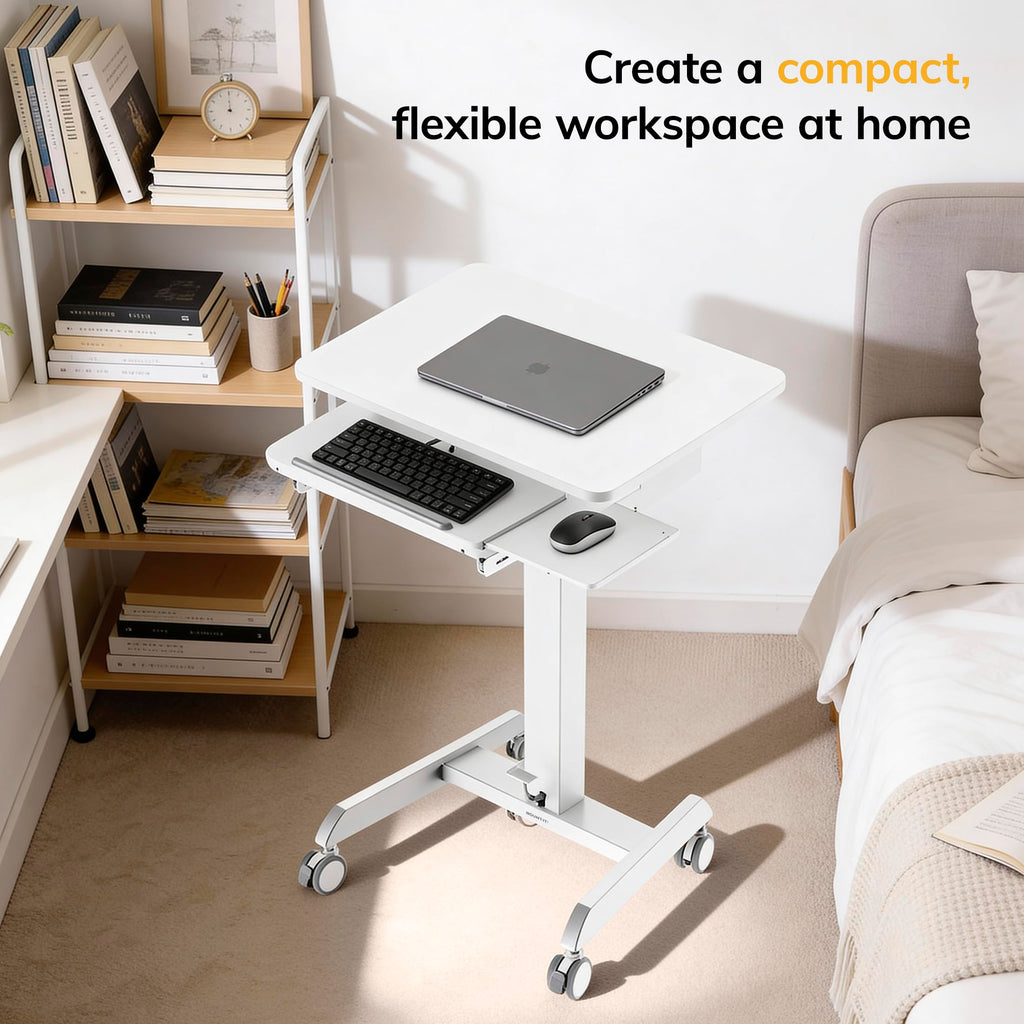 Height Adjustable Rolling Laptop Desk with Keyboard Tray, Mobile Sit-Stand Computer Cart with Wheels, Small Standing Desk for Home, Office, or Classroom, 23.6" x 20.5", White