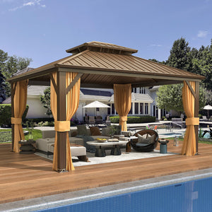 12' x 14' Hardtop Gazebo, Aluminum Frame Gazebos with Galvanized Steel Double Roof, Permanent Outdoor Metal Pavilion with Curtain and Netting for Patio, Lawn, Deck