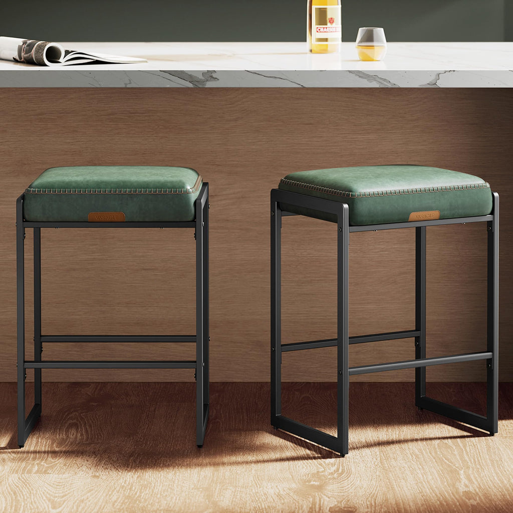 Bar Stools Set of 2, Counter Height Bar Stools, Synthetic Leather with Stitching, Mid-Century Modern Counter Stools, 26-Inch Tall, Kichen Home Bar Dining Room, Forest Green