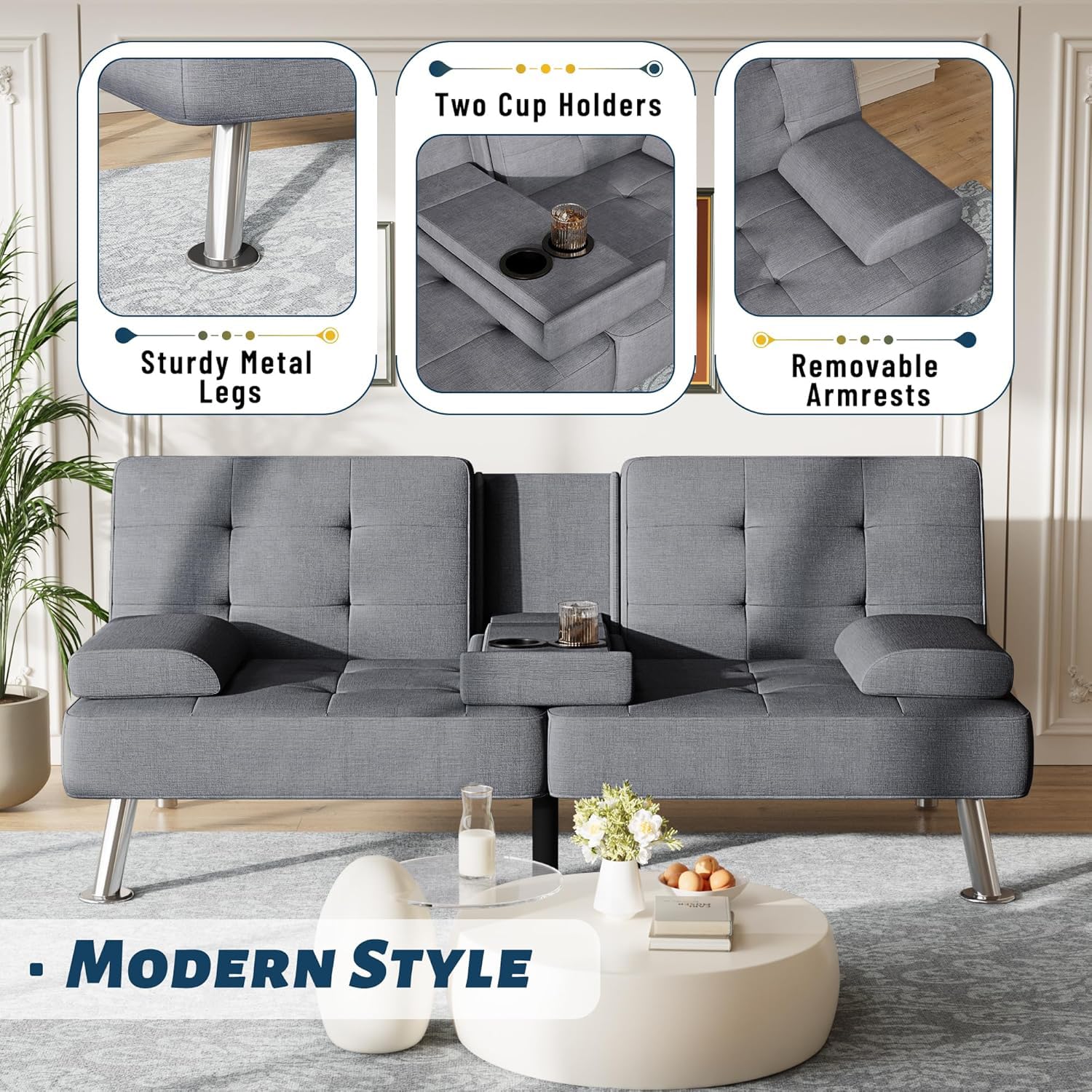 Sofa Bed Adjustable Futon Couch Sleeper Sofa Bed for Living Room, Business Office, Recliner Sofas with Cup Holders (Fabric, Gray)