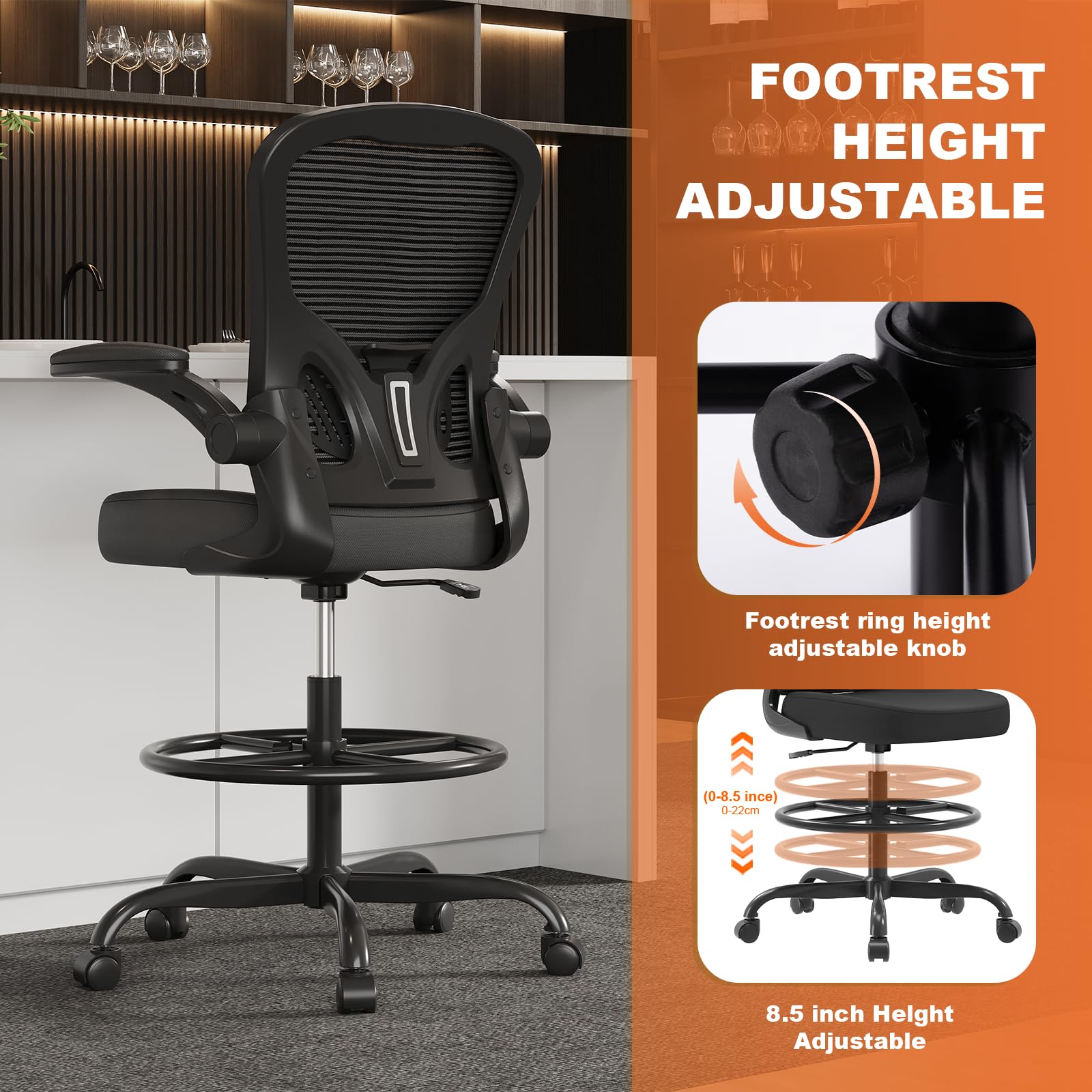 Ergonomic Drafting Chair, Tall Office Chair with Flip-up Armrests, Breathable Mesh High Desk Chair with Lumbar Support Adjustable Footrest Ring for Standing Desk Black