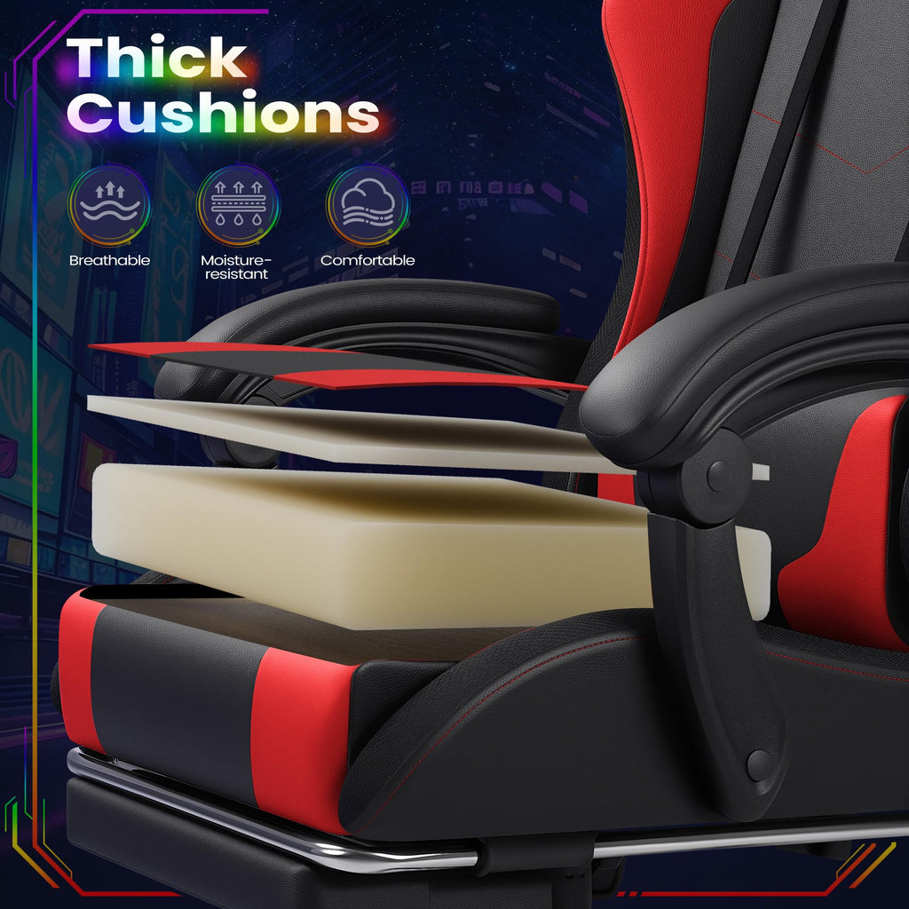Gaming Chair, Video Game Chair with Footrest and Massage Lumbar Support, Ergonomic Computer Chair Height Adjustable with Swivel Seat and Headrest (RGB Red)