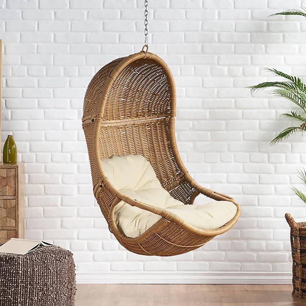 Hanging Basket Chair with Cushion, Outdoor Indoor Basket Chair, Boho Garden Rattan Lounger Porch Swing Furniture, Modern Patio Decor, Brown+Beige