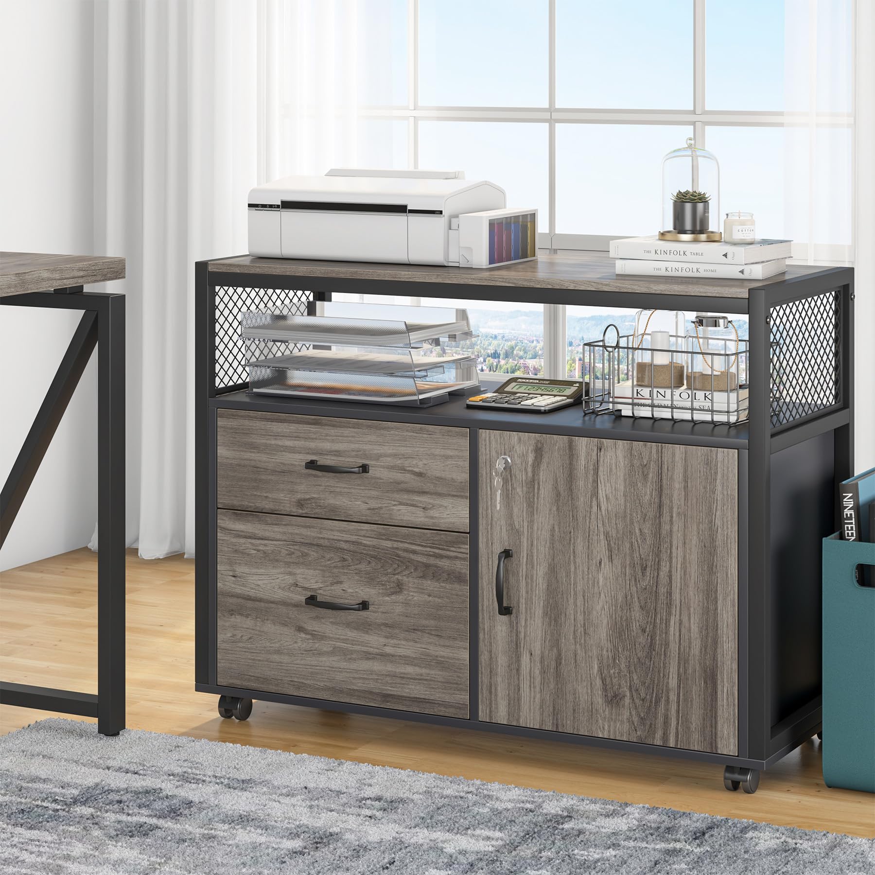L Shaped Desk with Drawer Cabinet, 55" Executive Computer Desk and lateral File Cabinet, 2 Piece Home Office Furniture with Drawers for Hanging File, Doors with Locks (Gray, 55 inches)