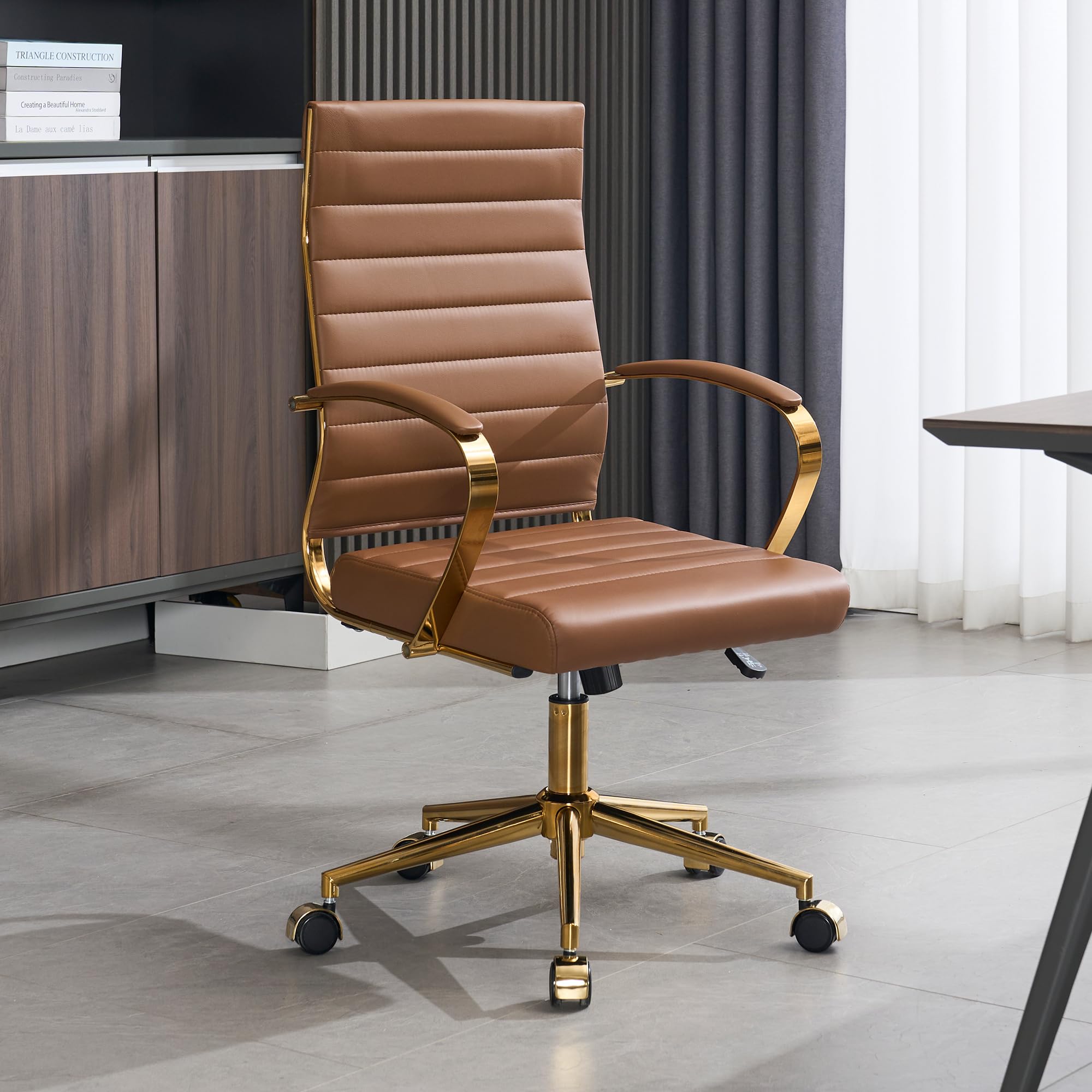 Gold Office Desk Chair, Ergonomic Leather Modern Conference Room Chairs, Executive Ribbed Height Adjustable Swivel Rolling Golden Chair for Home Office.