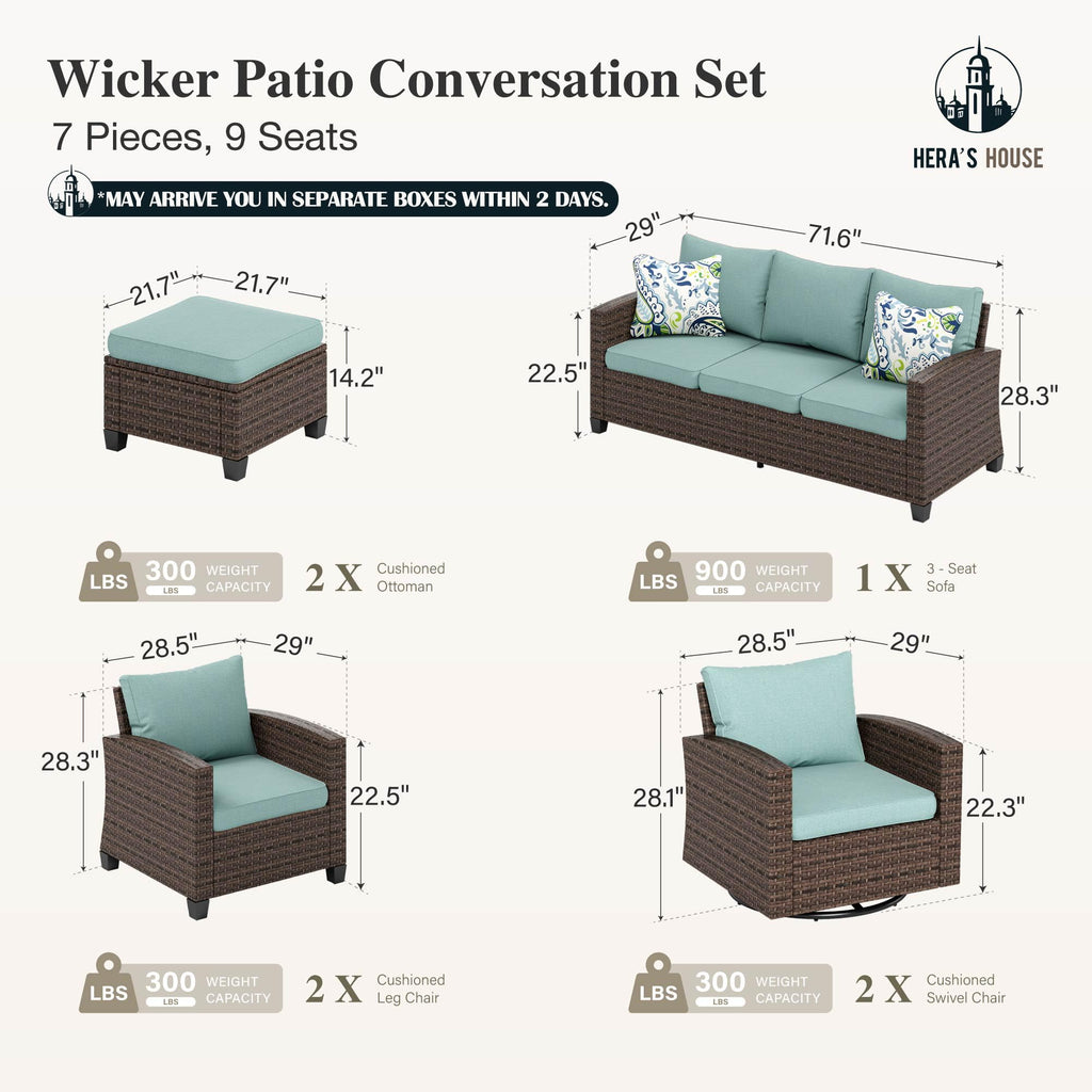 Patio Furniture Set with Swivel Glide Chairs, Outdoor Sectional Sofa Set, 7 Pieces Patio Conversation Sets for Lawn Backyard Deck, Brown/Blue