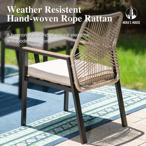 7 Pieces Patio Table and Chairs Set, Outdoor Dining Set for 7, 6 x Cushioned Woven Rattan Patio Chairs and 1 x Black Metal Table with Umbrella Hole, Outdoor Rattan Dining Set for Lawn