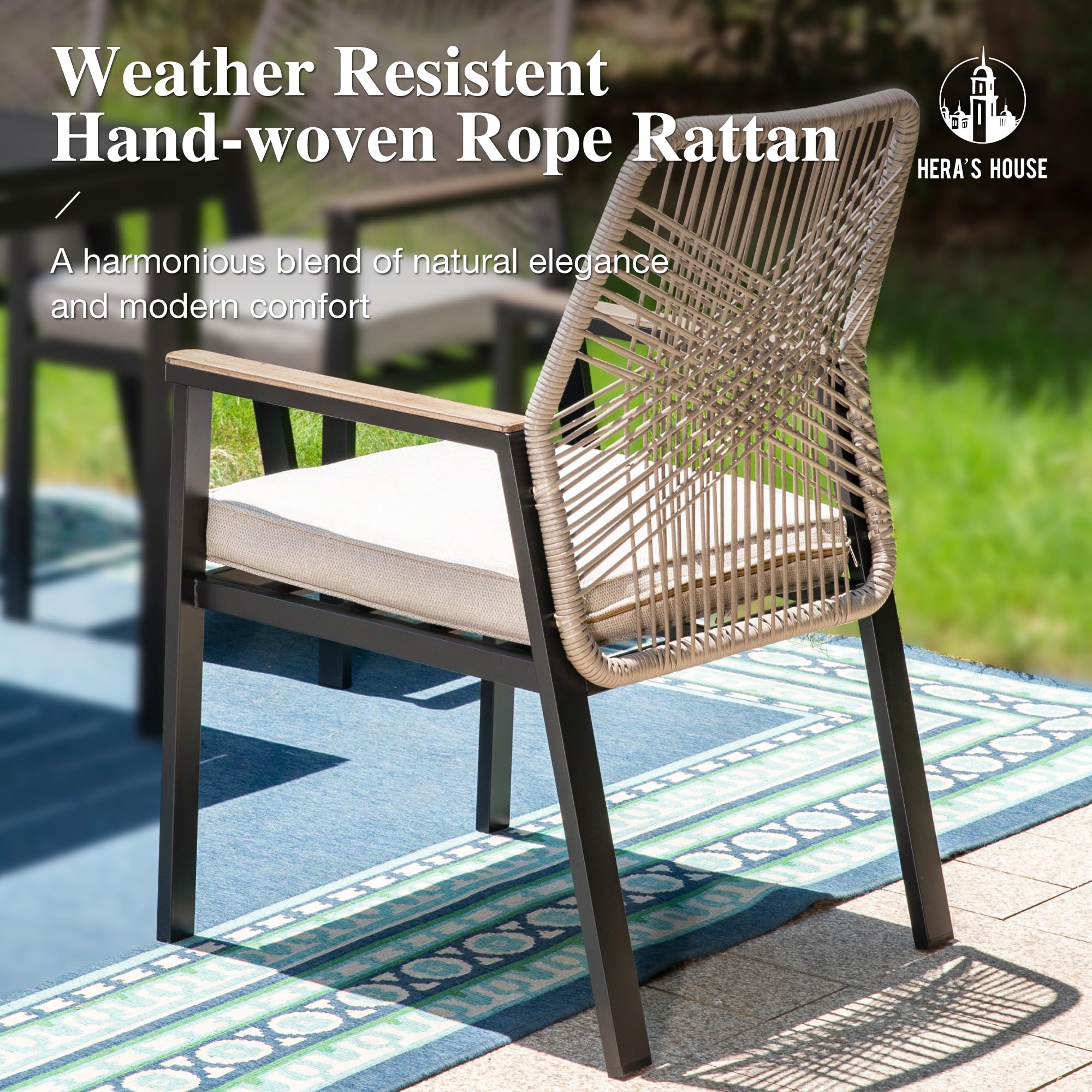 7 Pieces Patio Table and Chairs Set, Outdoor Dining Set for 7, 6 x Cushioned Woven Rattan Chairs and 54” Round Metal Table with Umbrella Hole for Lawn Deck Yard