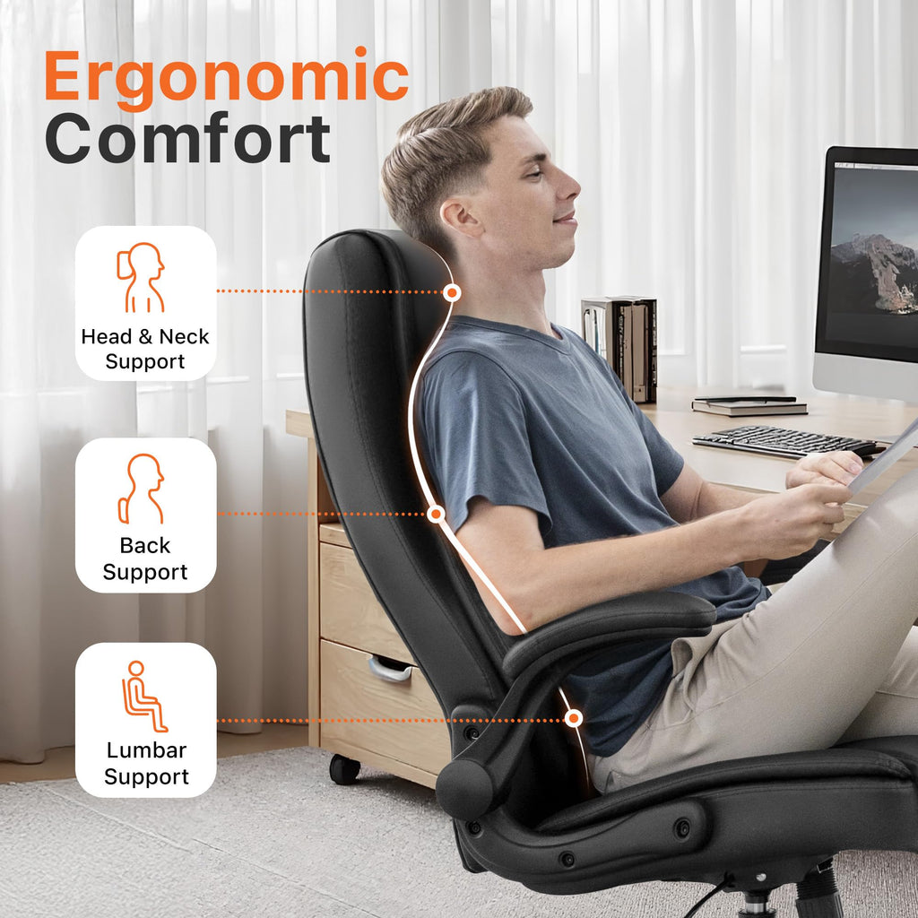 Office Desk Gaming Computer Home Chair Ergonomic Executive High Back Support Flip-up Arms Adjustable Height Swivel Rolling Wheels Comfy PU Leather (Black)