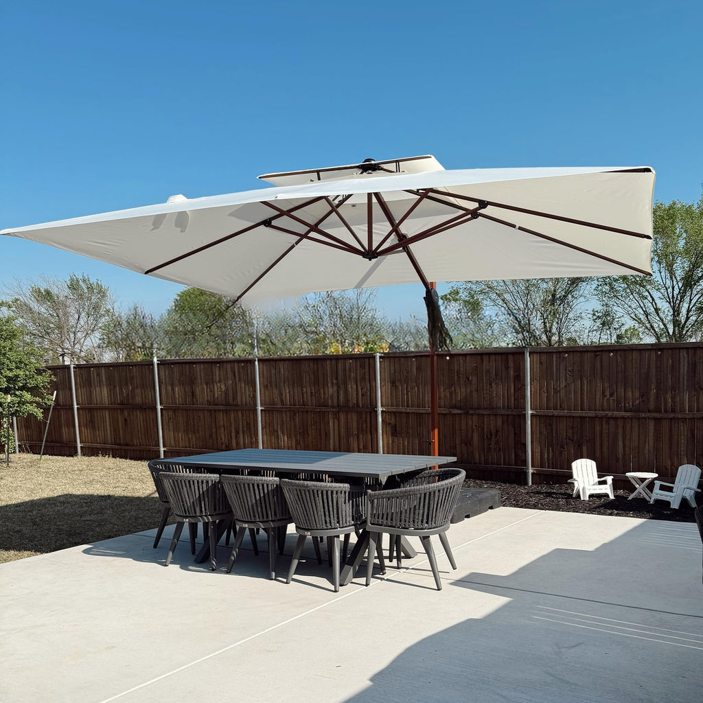 10' X 13' Double Top Deluxe Wood Pattern Rectangle Patio Umbrella Offset Hanging Umbrella Outdoor Market Umbrella Garden Umbrella, Cream