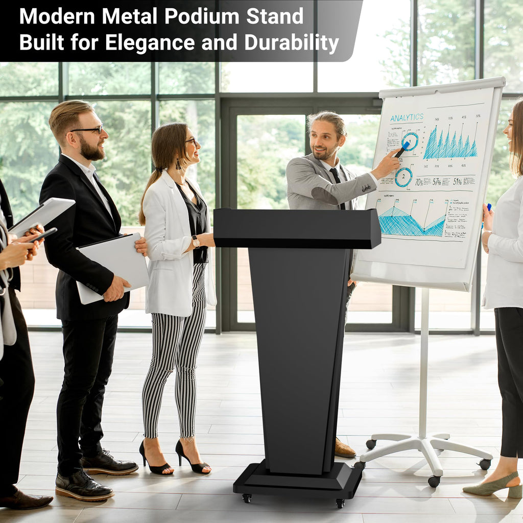 Podium Stand with Wheels, Heavy-Duty Metal Lecterns & Podiums with Storage, 46.5”H Portable Pulpits for Churches, Classrooms and Conferences, Scratch-Resistant Surface, Black
